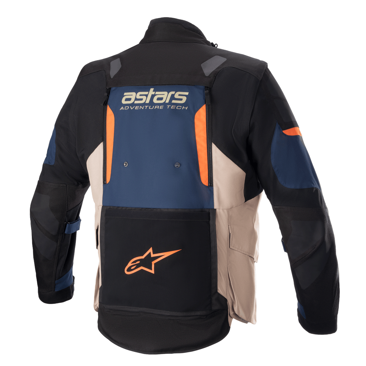 Giacca Alpinestars Halo Drystar®, giacca da moto adventure touring, vista posteriore, blu scuro, kaki scuro e arancione, ampio pannello di ventilazione posteriore, logo 'astars ADVENTURE TECH' e tasca inferiore con logo a stella arancione