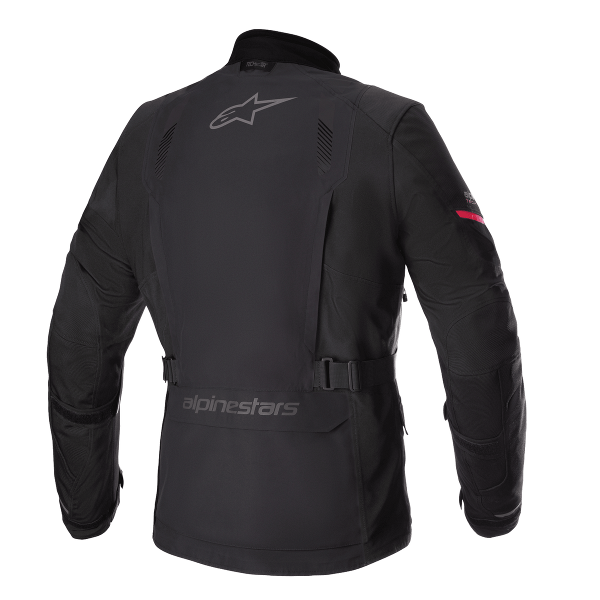 Giacca Alpinestars Monteira Drystar® XF, giacca da moto adventure touring, nero con dettaglio rosso brillante sulla manica, profilo posteriore con loghi Alpinestars grigi, cintura regolabile in vita e guscio in tessuto impermeabile resistente