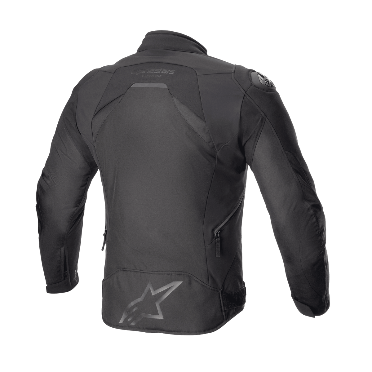 Giacca Alpinestars T-GP R V3 Drystar®, giacca sportiva da moto in tessuto, Nero Nero, vista posteriore che mostra la silhouette sartoriale 3D con grande logo a stella sulla parte bassa della schiena e scritta Alpinestars vicino al colletto, con cerniere di ventilazione laterali.