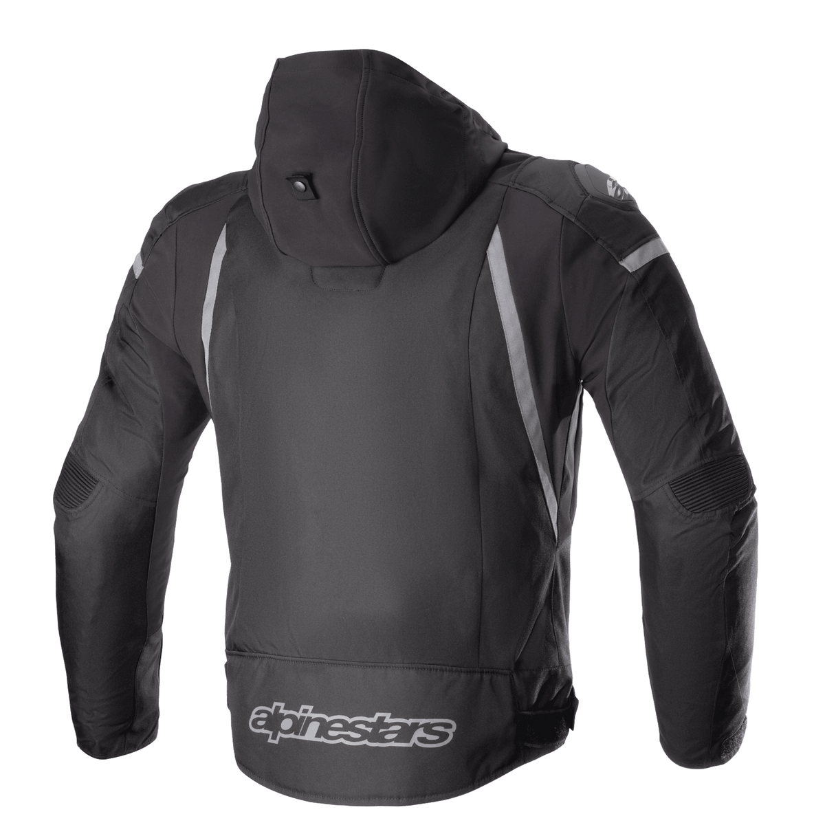 Giacca Alpinestars Zaca Waterproof, nero e grigio scuro, vista posteriore con cappuccio staccabile, dettagli riflettenti grigi e logo Alpinestars sulla parte inferiore della schiena, giacca sportiva da moto in tessuto