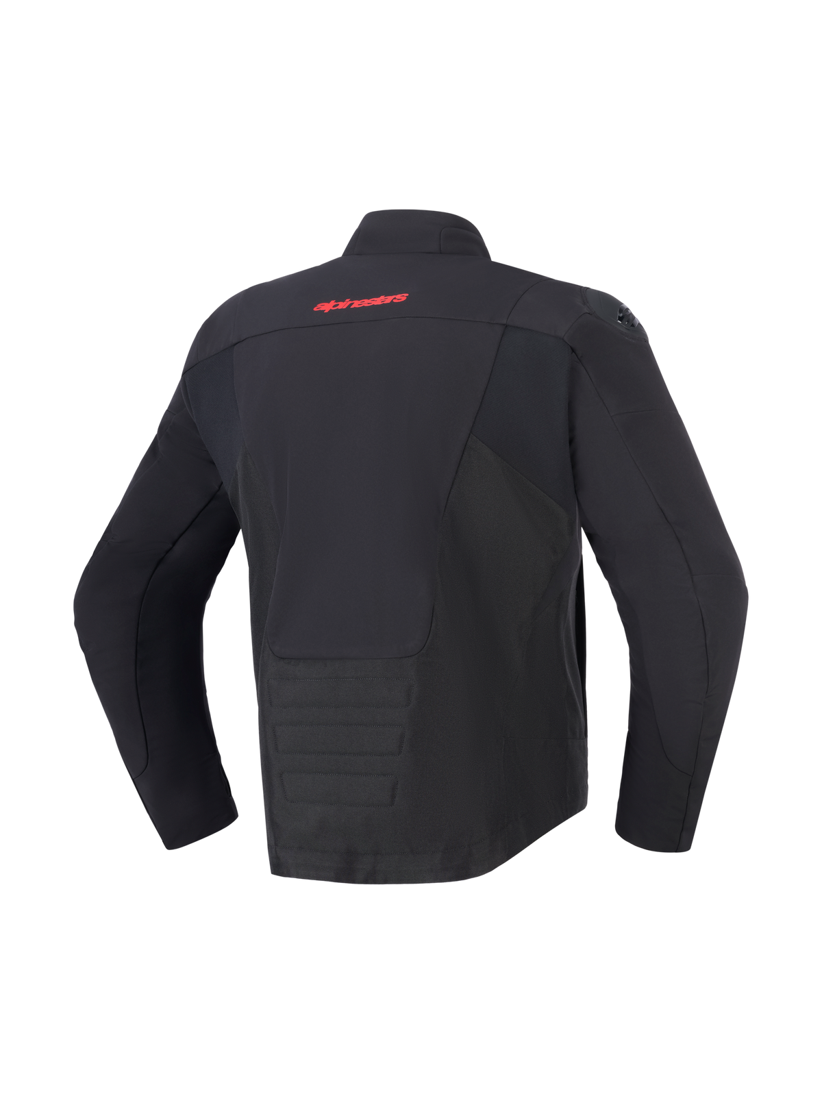 Giacca impermeabile Alpinestars SMX, nera, vista posteriore con logo Alpinestars rosso sulla parte superiore della schiena, orlo posteriore allungato per una maggiore copertura, pannelli in tessuto e softshell, abbigliamento protettivo da moto per guida su strada e sportiva
