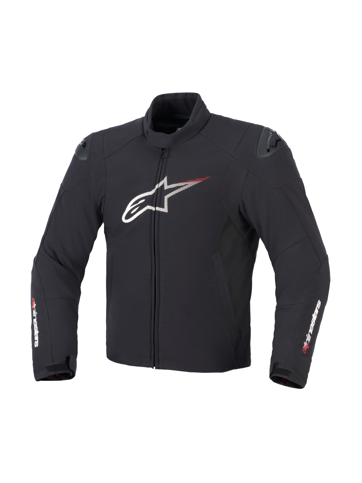 Giacca Alpinestars SMX Waterproof in nero, bianco e rosso acceso, vista frontale che mostra la costruzione in tessuto, grande logo Astar bianco sul petto con linee di velocità rosse, slider esterni DFS Lite sulle spalle e marchio Alpinestars sulle maniche.