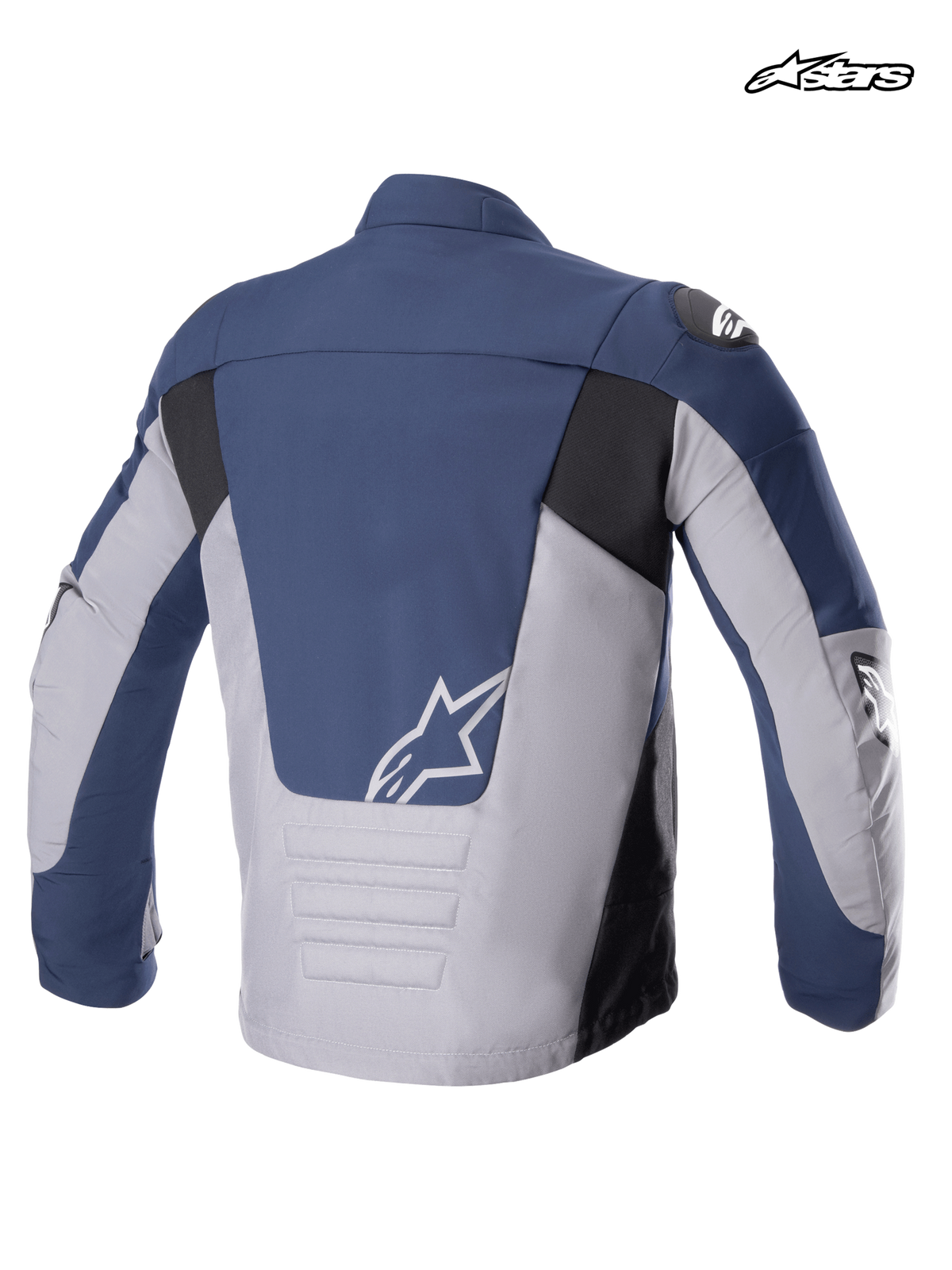 Giacca Alpinestars Giacca SMX Impermeabile, giacca da moto in tessuto da uomo, vista posteriore che mostra la combinazione di colori blu notte, grigio scuro e nero, parte posteriore allungata e logo A-star bianco