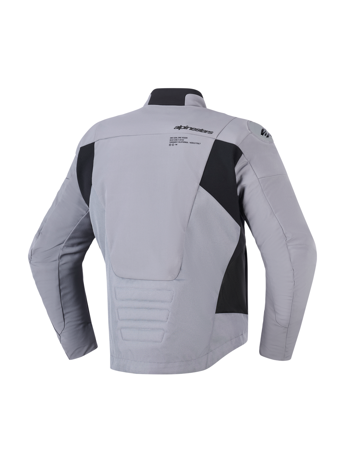 Giacca Alpinestars SMX Waterproof in Dark Gray Black, vista posteriore con costruzione in tessuto e softshell, logo e grafica Alpinestars sulla parte superiore della schiena, pannelli laterali neri e profilo posteriore allungato per la copertura durante la guida, giacca da moto sportiva da strada.