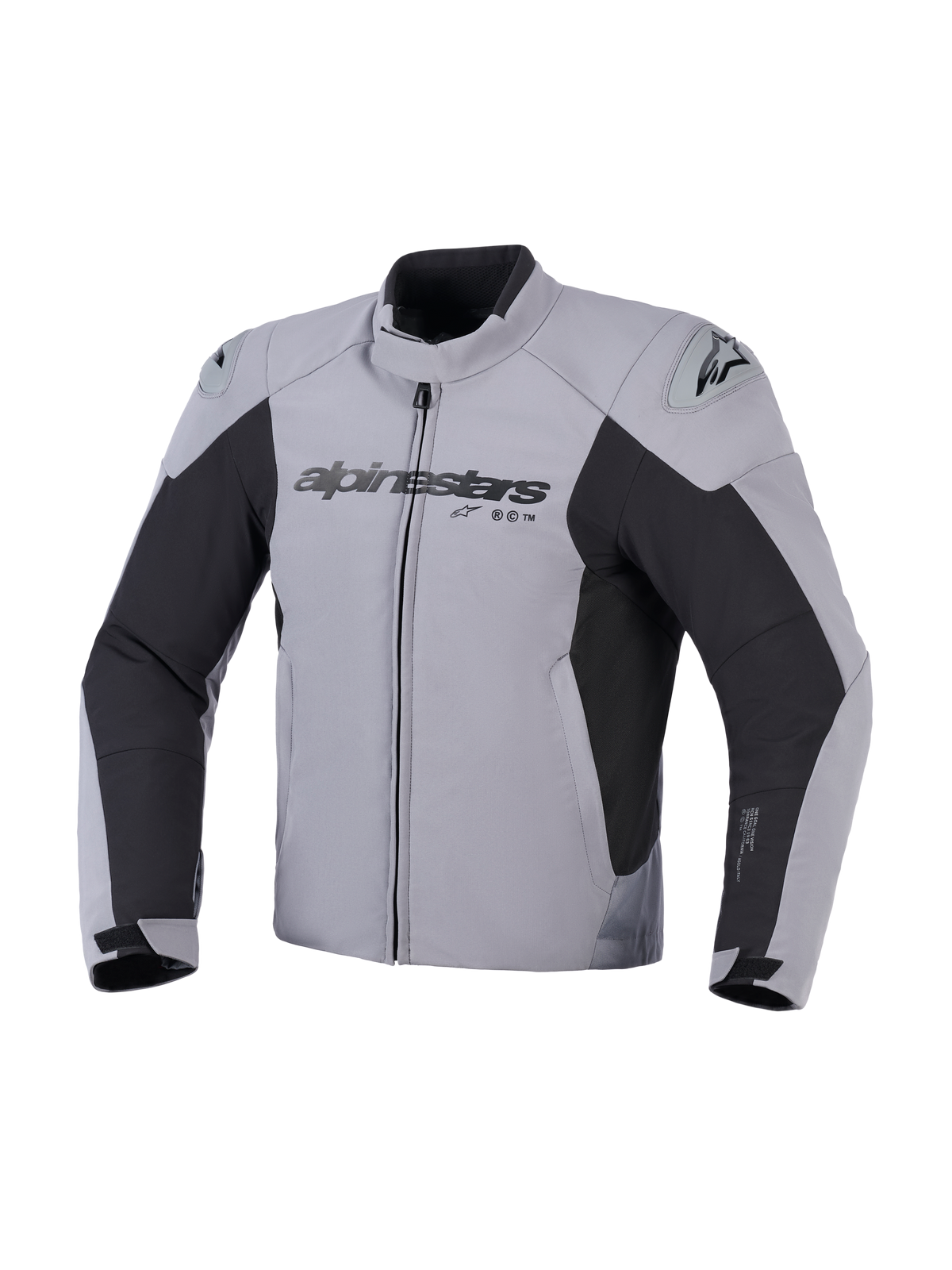 Giacca impermeabile Alpinestars SMX, giacca da moto, grigio scuro e nero, vista frontale con logo Alpinestars sul petto e slider per le spalle DFS Lite, design sportivo in tessuto per la guida su strada