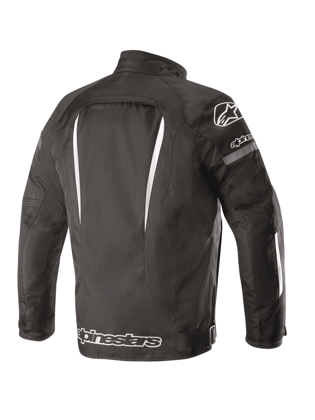 Giacca Impermeabile Alpinestars Gunner V2, vista posteriore, nero e bianco, costruzione in tessuto con accenti bianchi verticali, grande logo Alpinestars sulla parte inferiore della schiena e logo A-star sulla spalla, abbigliamento per guida urbana