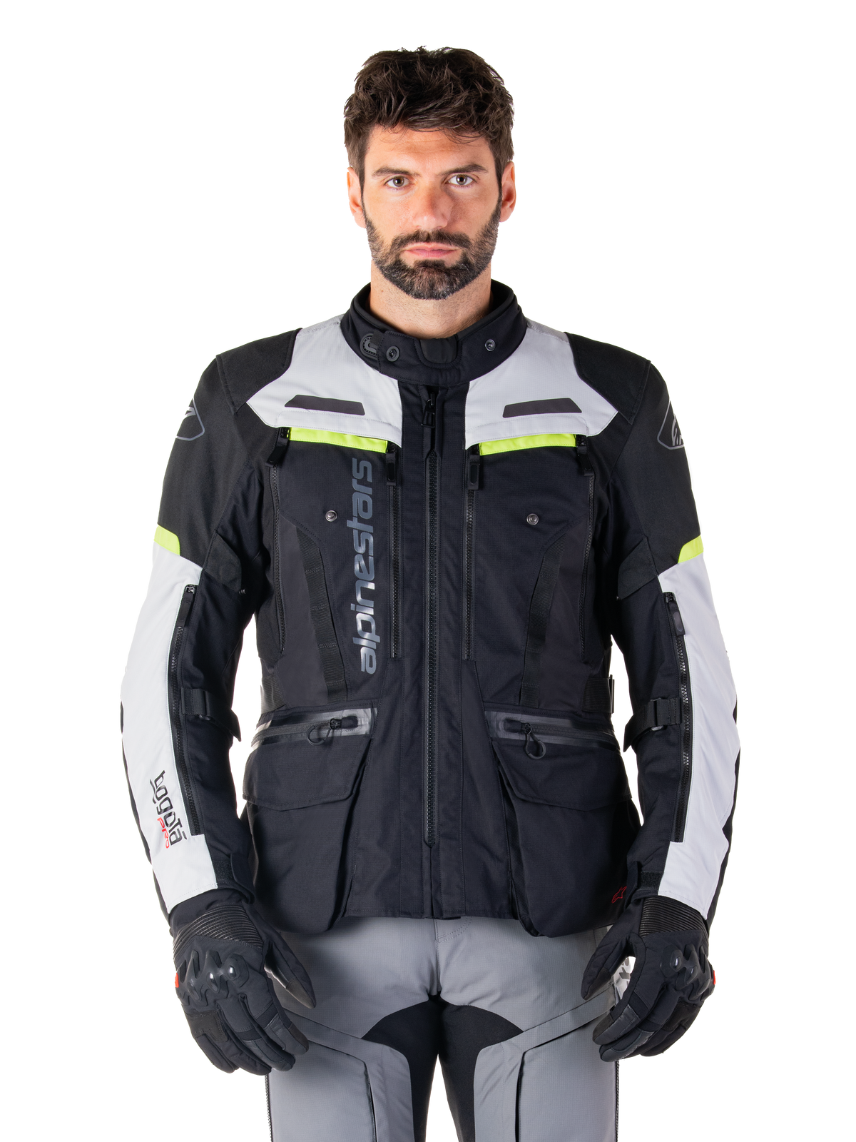 Alpinestars Giacca Bogotá Pro Drystar®, giacca moto adventure touring uomo, nero e grigio con giallo fluo, impermeabile.