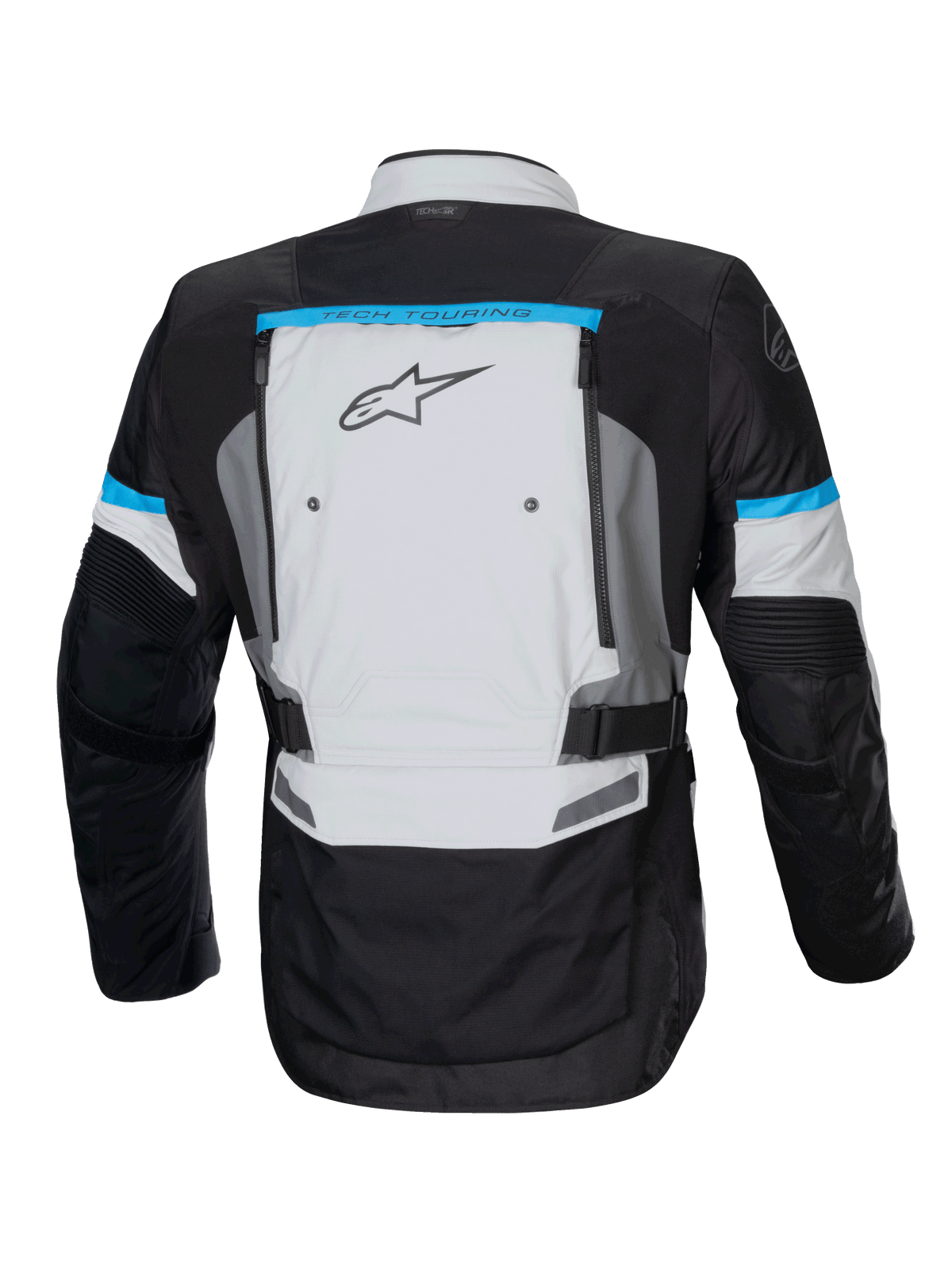 Alpinestars Giacca Bogotá Pro Drystar, giacca da moto adventure touring, grigio ghiaccio e nero con dettagli ciano, vista posteriore con pannelli di ventilazione.