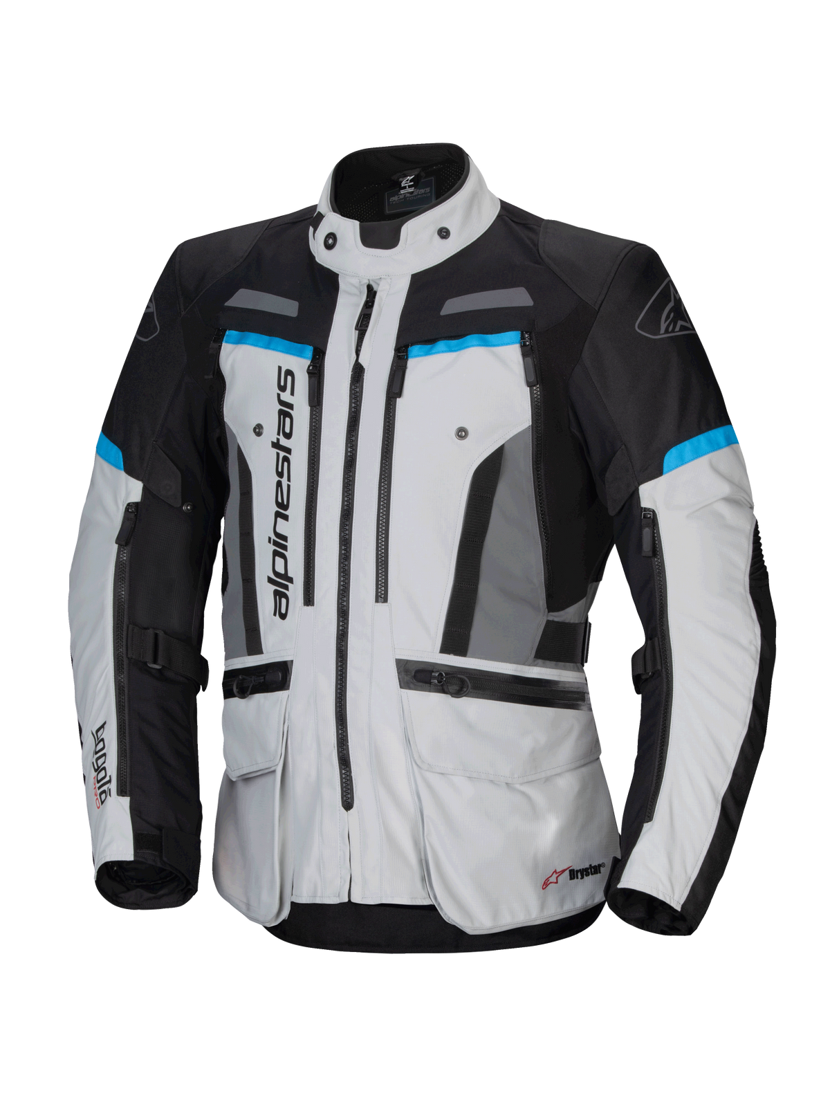 Alpinestars Giacca Bogotá Pro Drystar®, giacca da moto adventure touring da uomo, grigio ghiaccio e nero con accenti ciano, impermeabile, Tech-Air® Ready, certificata CE.