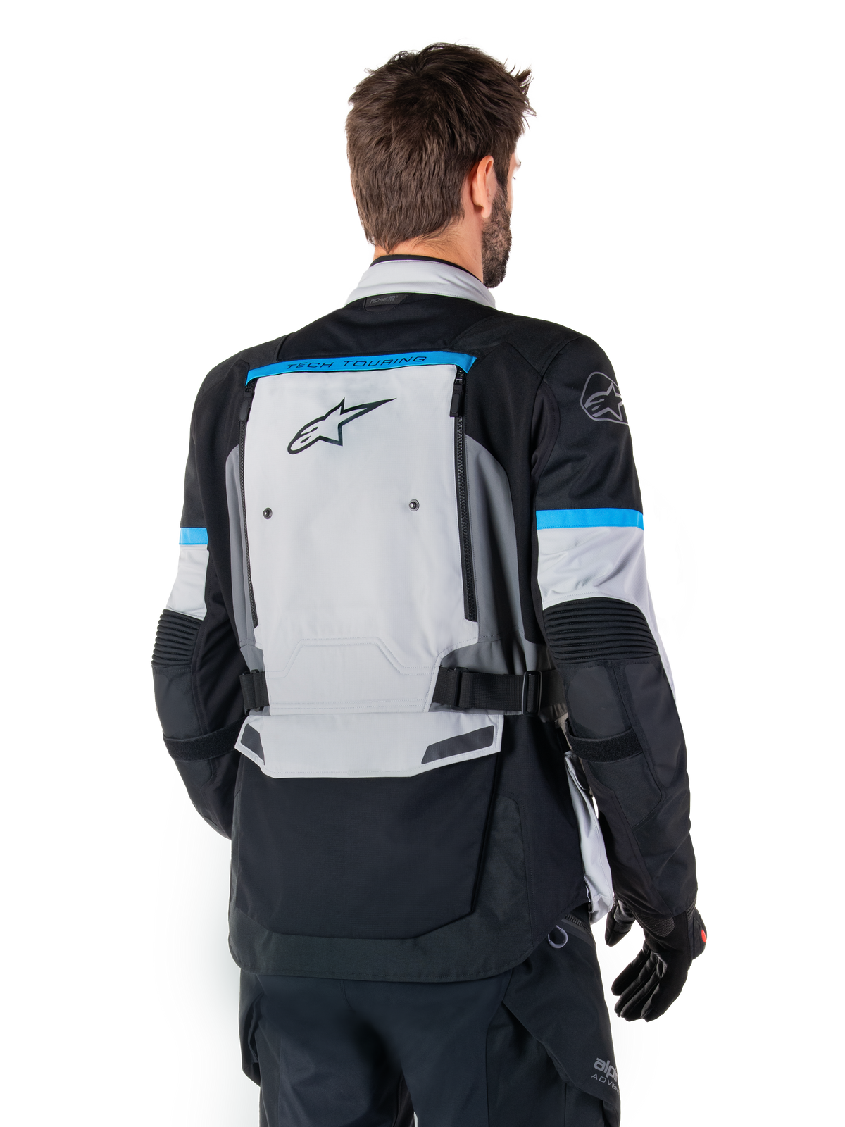 Alpinestars giacca Bogotá Pro Drystar®, moto adventure, uomo, tessuto grigio ghiaccio, nero e ciano, vista posteriore.