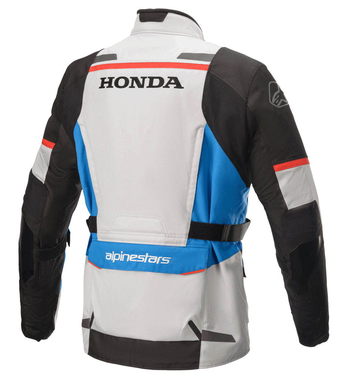 Giacca Alpinestars Honda Andes V3 Drystar®, giacca da touring adventure in tessuto, grigio ghiaccio, blu e rosso acceso, vista posteriore con loghi Honda e Alpinestars, maniche nere, dettagli blu e cinturini regolabili in vita