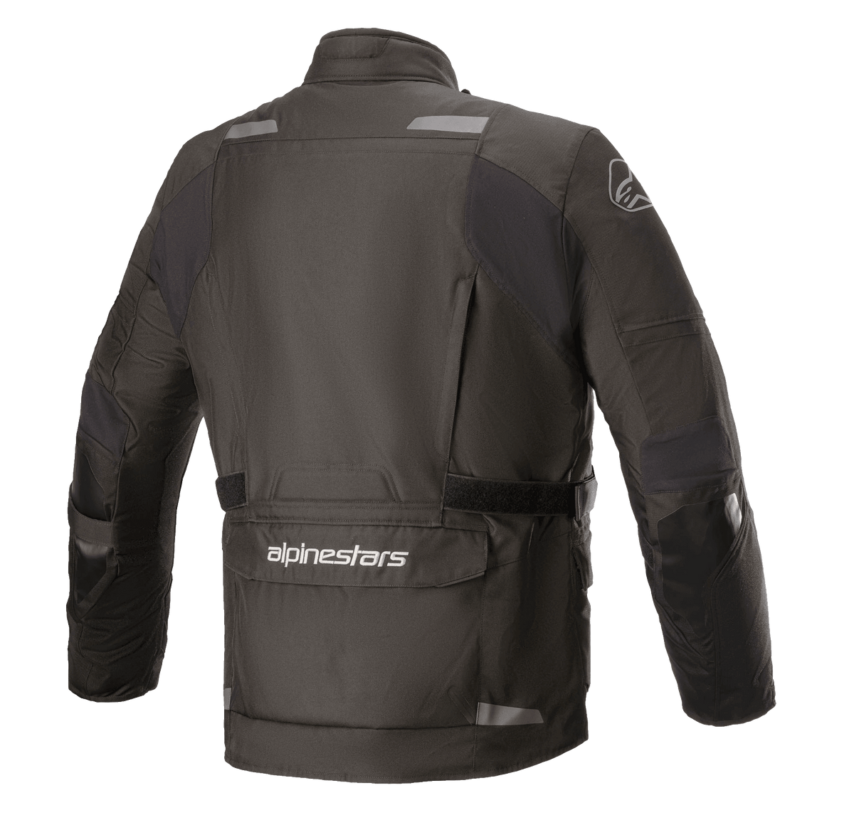 Giacca Alpinestars Andes V3 Drystar®, giacca da moto, nero, vista posteriore con un'ampia tasca utility inferiore con marchio Alpinestars, dettagli riflettenti sulle spalle e cintura regolabile in vita, design in tessuto resistente per il touring adventure