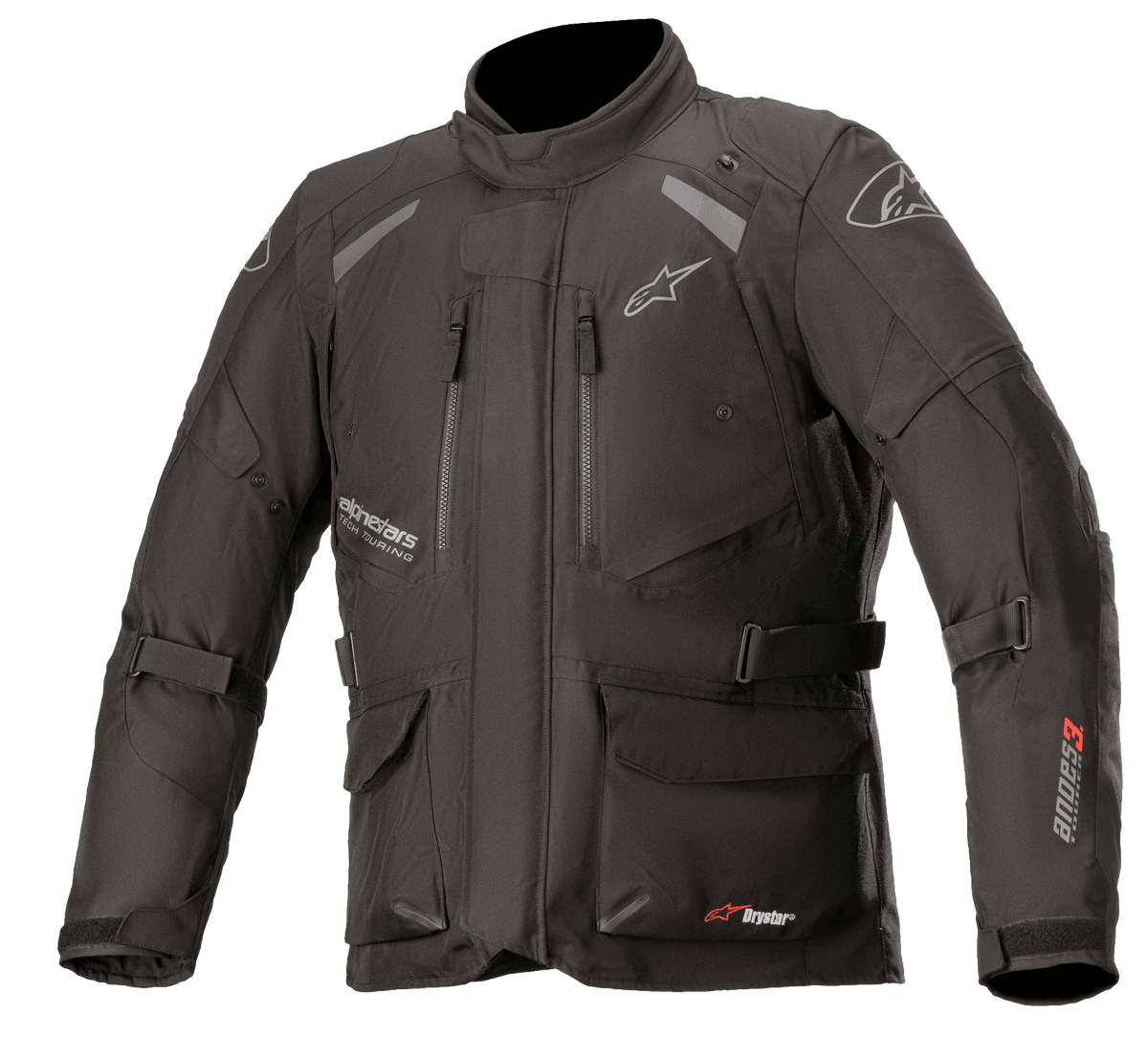 Giacca Alpinestars Andes V3 Drystar, giacca da moto adventure touring, nera con loghi bianchi e rossi, dotata di tasche cargo impermeabili multiple, cinghie regolabili per una vestibilità personalizzata, costruzione in tessuto resistente alle intemperie, pannelli riflettenti per la visibilità