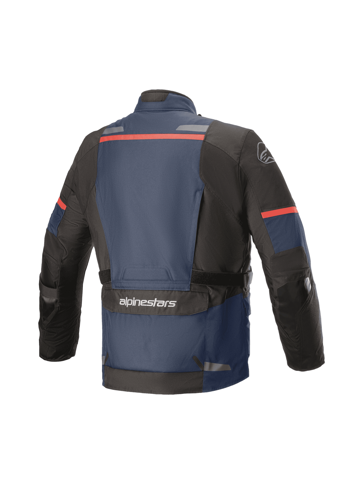 Giacca Alpinestars Andes V3 Drystar®, giacca da moto adventure touring, vista posteriore, blu scuro e nero con accenti rossi, ampia tasca utility sulla parte inferiore della schiena con logo Alpinestars, strisce riflettenti, sezioni rinforzate sui gomiti