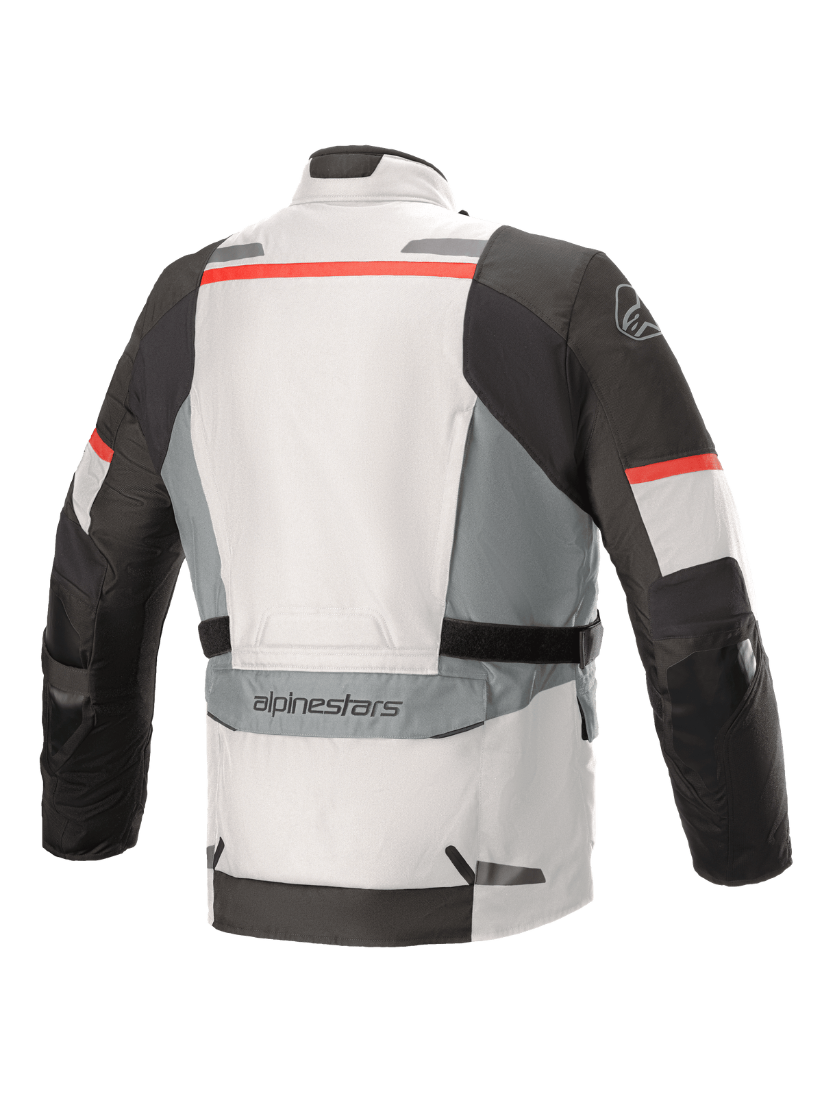 Giacca Alpinestars Andes V3 Drystar®, grigio ghiaccio e grigio scuro con accenti rossi, vista posteriore con ampia tasca utility sulla parte bassa della schiena, cinturini di regolazione in vita e dettagli riflettenti su spalle e bordo inferiore.