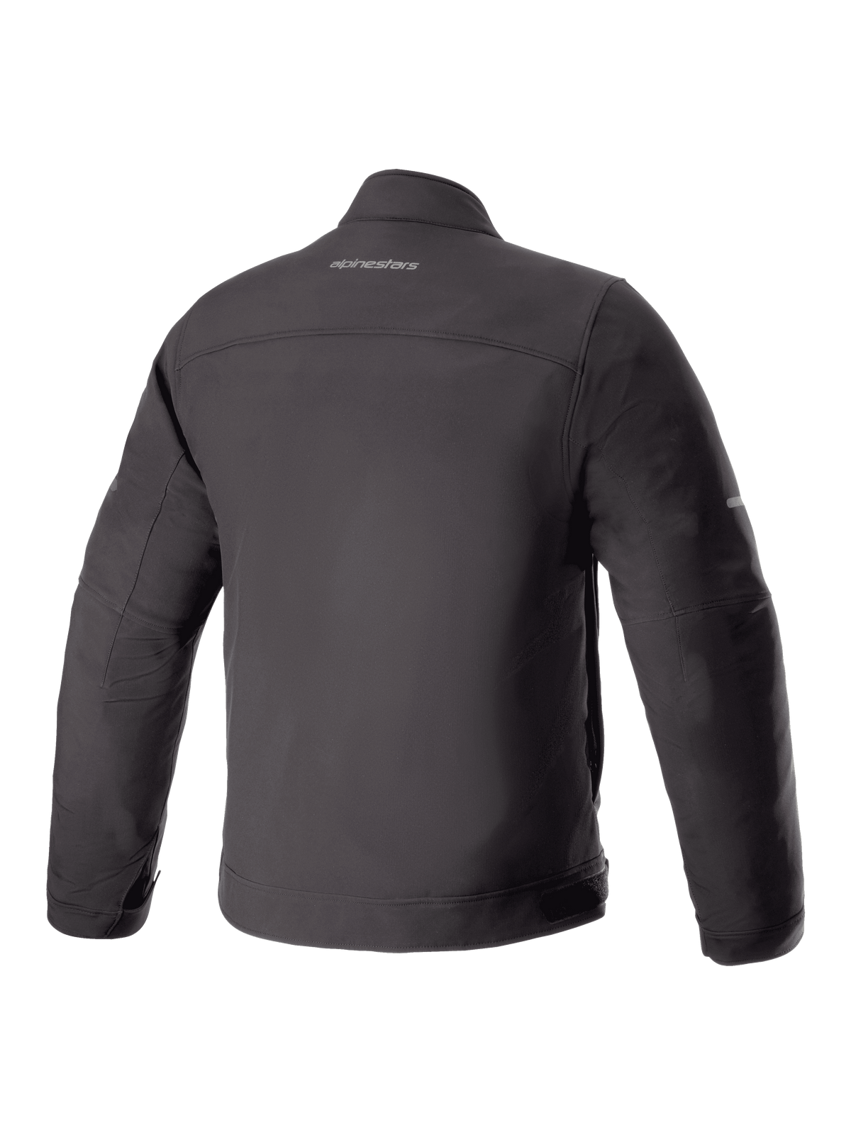 Alpinestars Husker Waterproof Jacket, giacca da moto, nera, vista posteriore con materiale softshell opaco e logo Alpinestars centrato sulla parte superiore della schiena, design tecnico urbano.