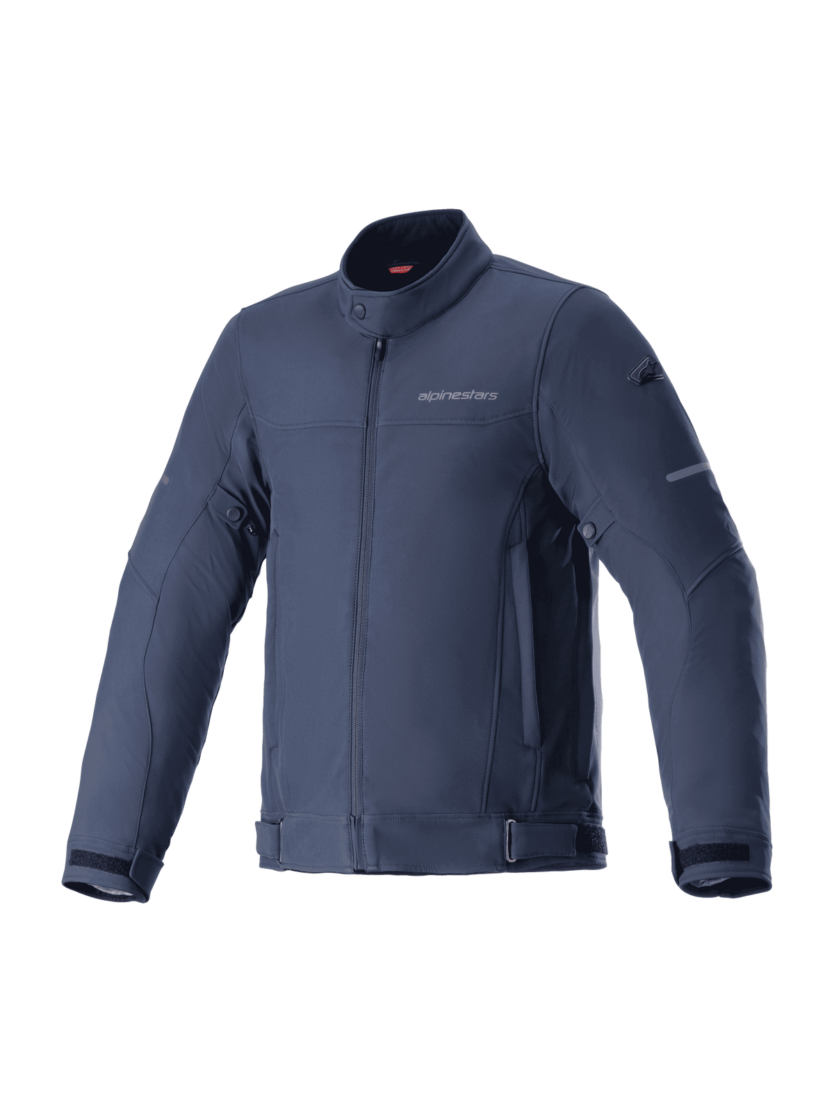 Alpinestars Husker Waterproof Jacket, giacca da moto, Night Navy, softshell elasticizzato blu scuro con collo alto e cerniera frontale, cinturini regolabili su vita e maniche, logo discreto sul petto, abbigliamento per pendolarismo urbano e guida su strada