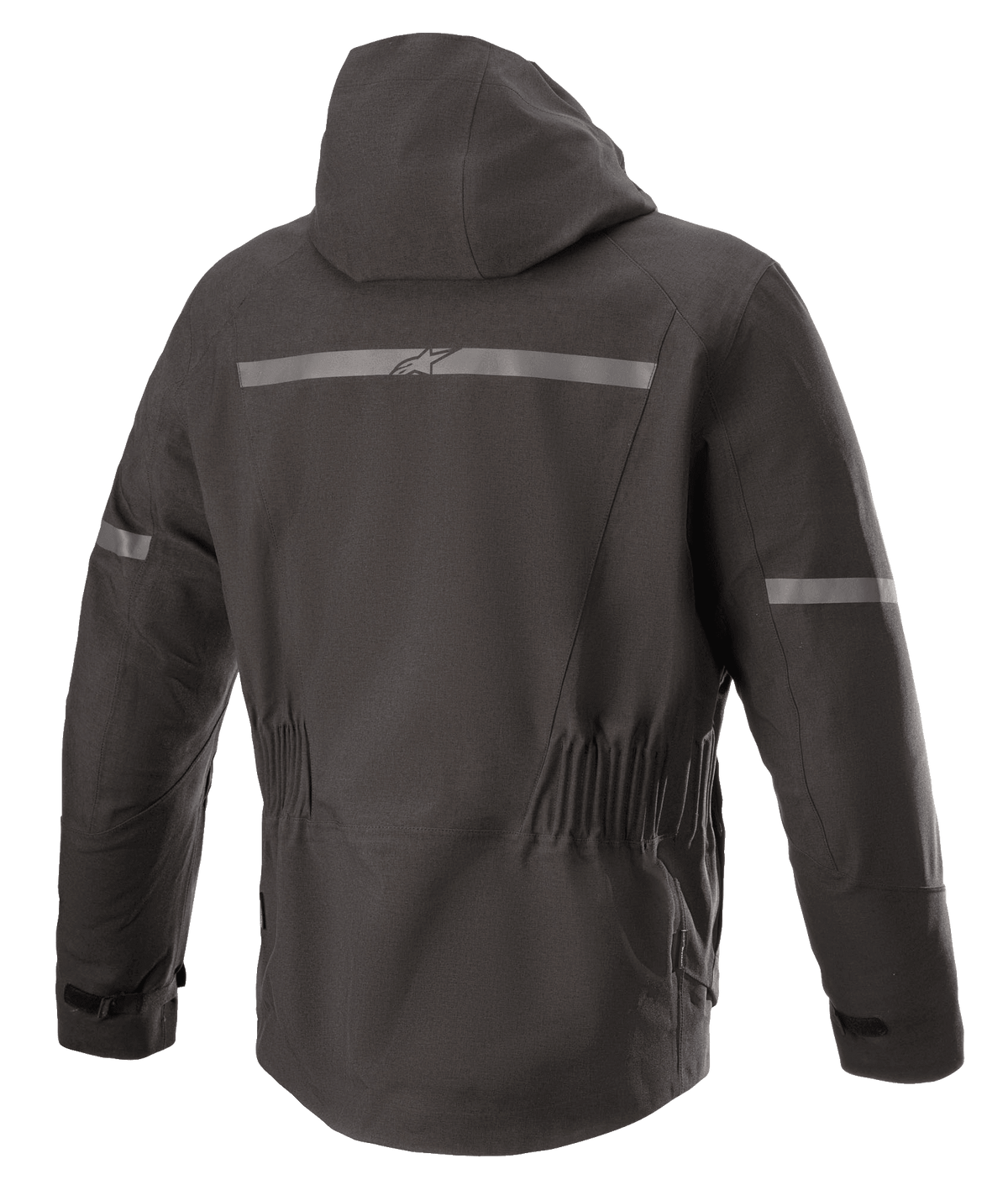 Alpinestars Sirius Drystar® Techshell Jacket, giacca da moto, Nero Melange, vista posteriore con cappuccio integrato, striscia riflettente con logo Alpinestars, vita elasticizzata e parte posteriore allungata per una maggiore copertura durante la guida.