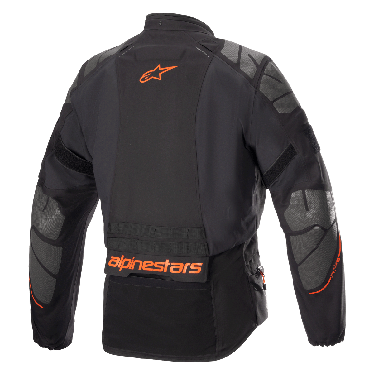 Alpinestars AMT-10R Drystar® XF Jacket, giacca da moto adventure, nero con logo Alpinestars arancione e pannelli in Superfabric grigi su spalle e gomiti, vista posteriore, abbigliamento tecnico da moto multi-stagione