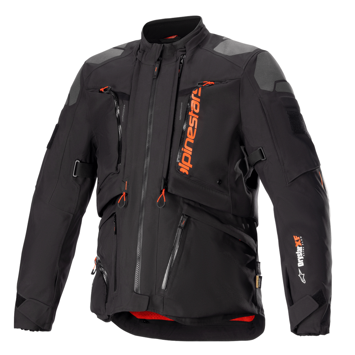 Giacca Alpinestars AMT-10R Drystar XF, nero e arancione, giacca da moto adventure touring, inserti grigi sulle spalle, cerniere multiple con tiranti arancioni, cinghie regolabili, fodera interna rossa, abbigliamento tecnico protettivo