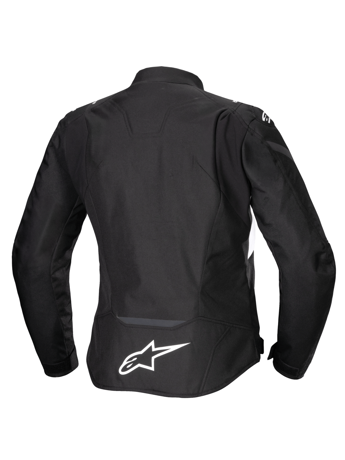 Alpinestars Stella T-Jaws V4 Waterproof Jacket, giacca da moto da donna, nero con accenti bianchi, vista posteriore con logo Alpinestars bianco sulla parte bassa della schiena, design sportivo in tessuto