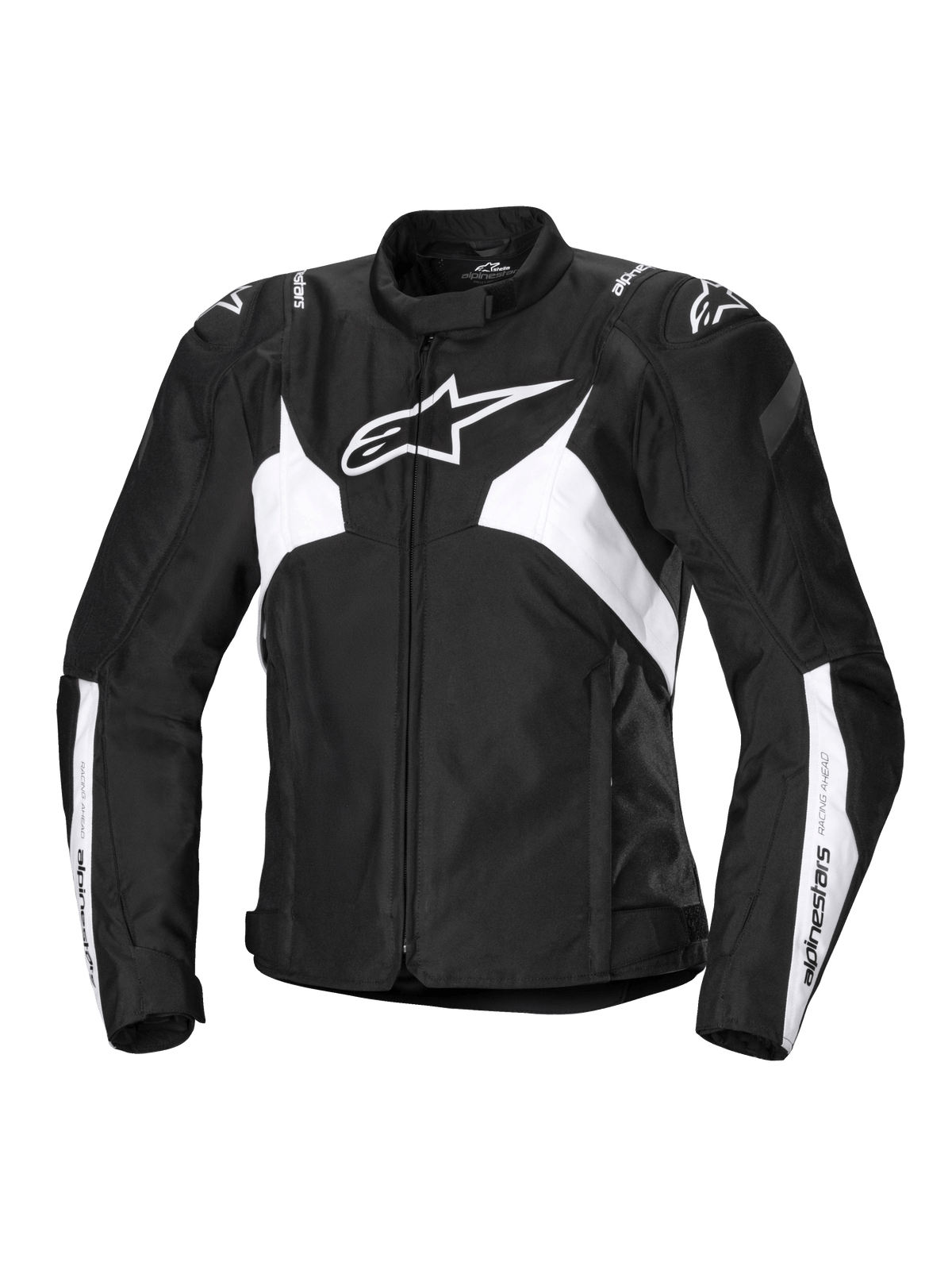 Alpinestars Stella T-Jaws V4 Waterproof Jacket, giacca da moto sportiva da donna, nero e bianco, con un prominente logo a stella bianco sul petto, pannelli bianchi angolari su busto e maniche e rinforzi sulle spalle GP Lite in una silhouette sportiva 3D sagomata.