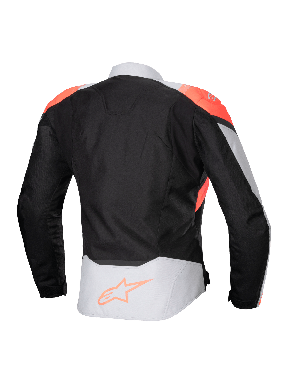 Giacca impermeabile Alpinestars Stella T-Jaws V4, giacca da moto da donna, nero, grigio ghiaccio e corallo fluo, vista posteriore con accenti corallo fluorescente sulle spalle e logo Alpinestars sulla parte bassa della schiena, costruzione in tessuto tecnico per la guida in ogni condizione meteo.
