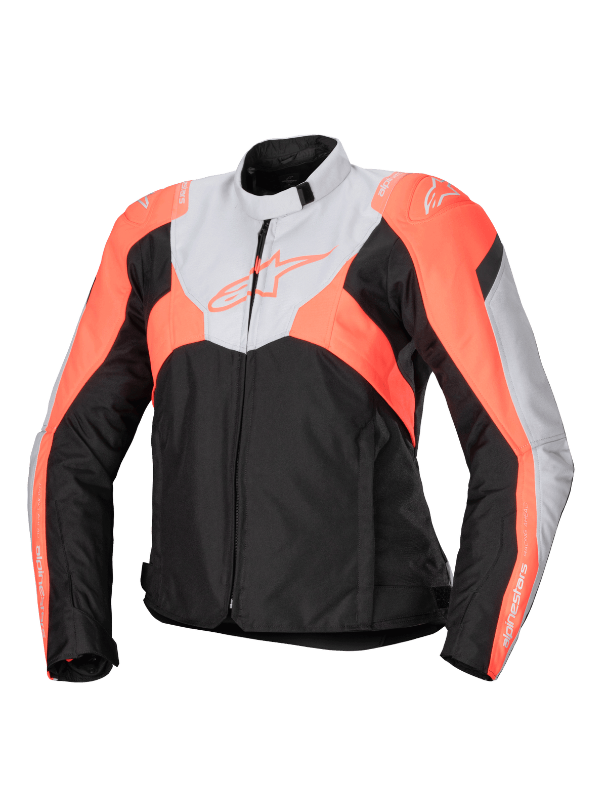 Alpinestars Stella T-Jaws V4 Waterproof Jacket, giacca da moto sportiva in tessuto da donna, nero, grigio ghiaccio e corallo fluo, con colletto alto, zip frontale, blocchi di colore angolari e loghi su petto e maniche