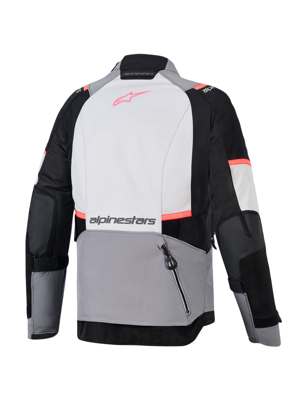 Alpinestars Giacca Stella Andes V4 Drystar, giacca da moto adventure da donna, grigia e nera, vista posteriore con tasca portaoggetti, membrana Drystar impermeabile e traspirante.