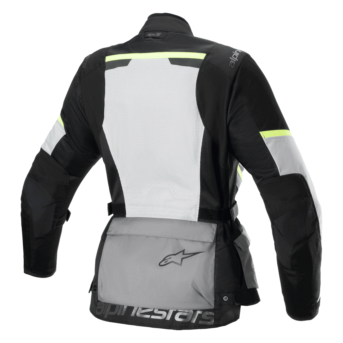 Giacca Alpinestars Stella Andes Air Drystar®, giacca da moto touring da donna, vista posteriore, Grigio Ghiaccio, Grigio Scuro e Nero, caratterizzata da un ampio pannello posteriore in rete bianca, tasca portaoggetti posteriore grigia con logo, dettagli giallo alta visibilità e costruzione in tessuto per flusso d'aria e protezione.
