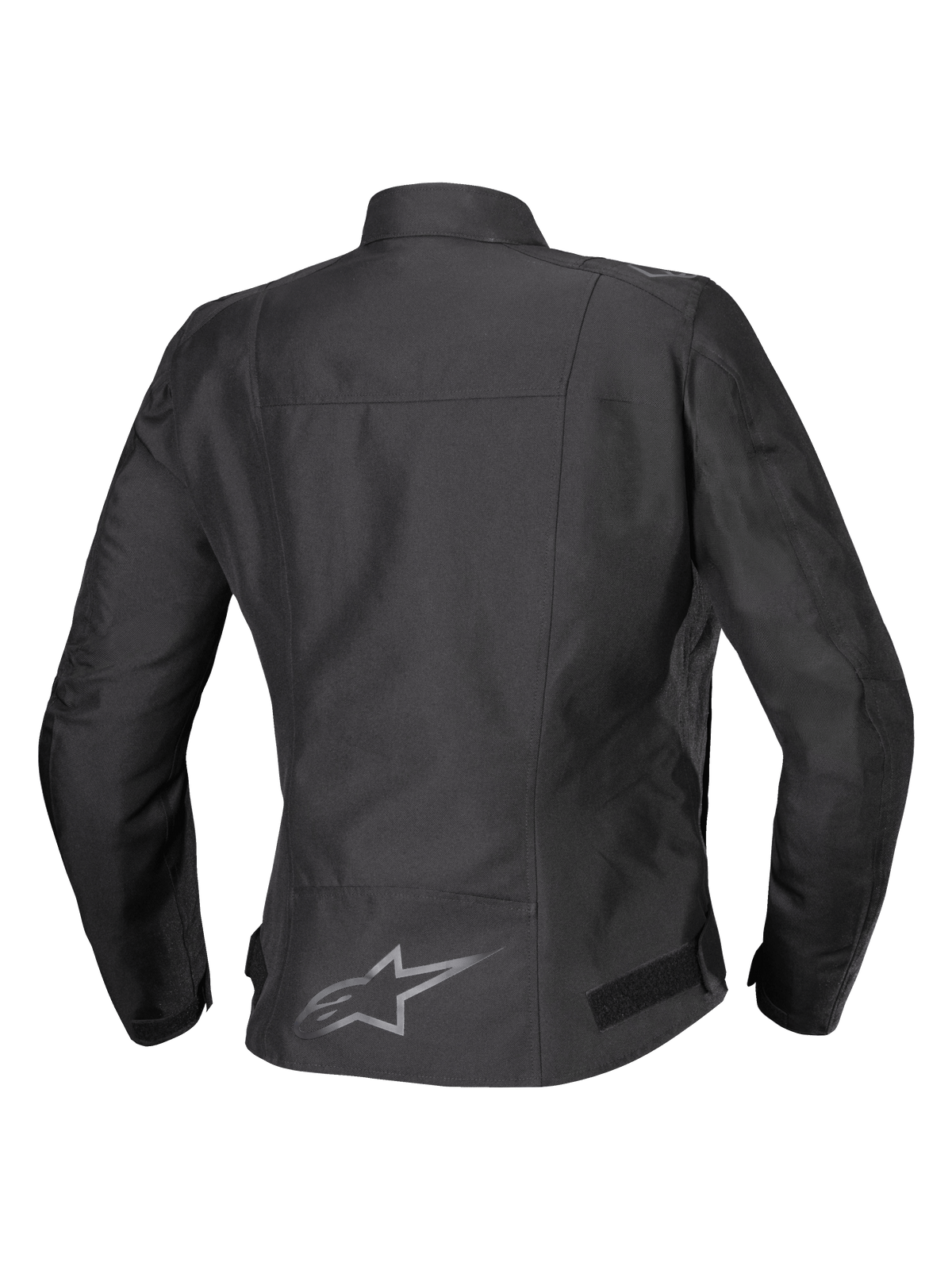 Alpinestars Stella T-SPS V2 Waterproof Jacket, vista posteriore, nero, giacca da moto in tessuto da donna con logo riflettente sulla parte inferiore della schiena e silhouette sportiva sagomata