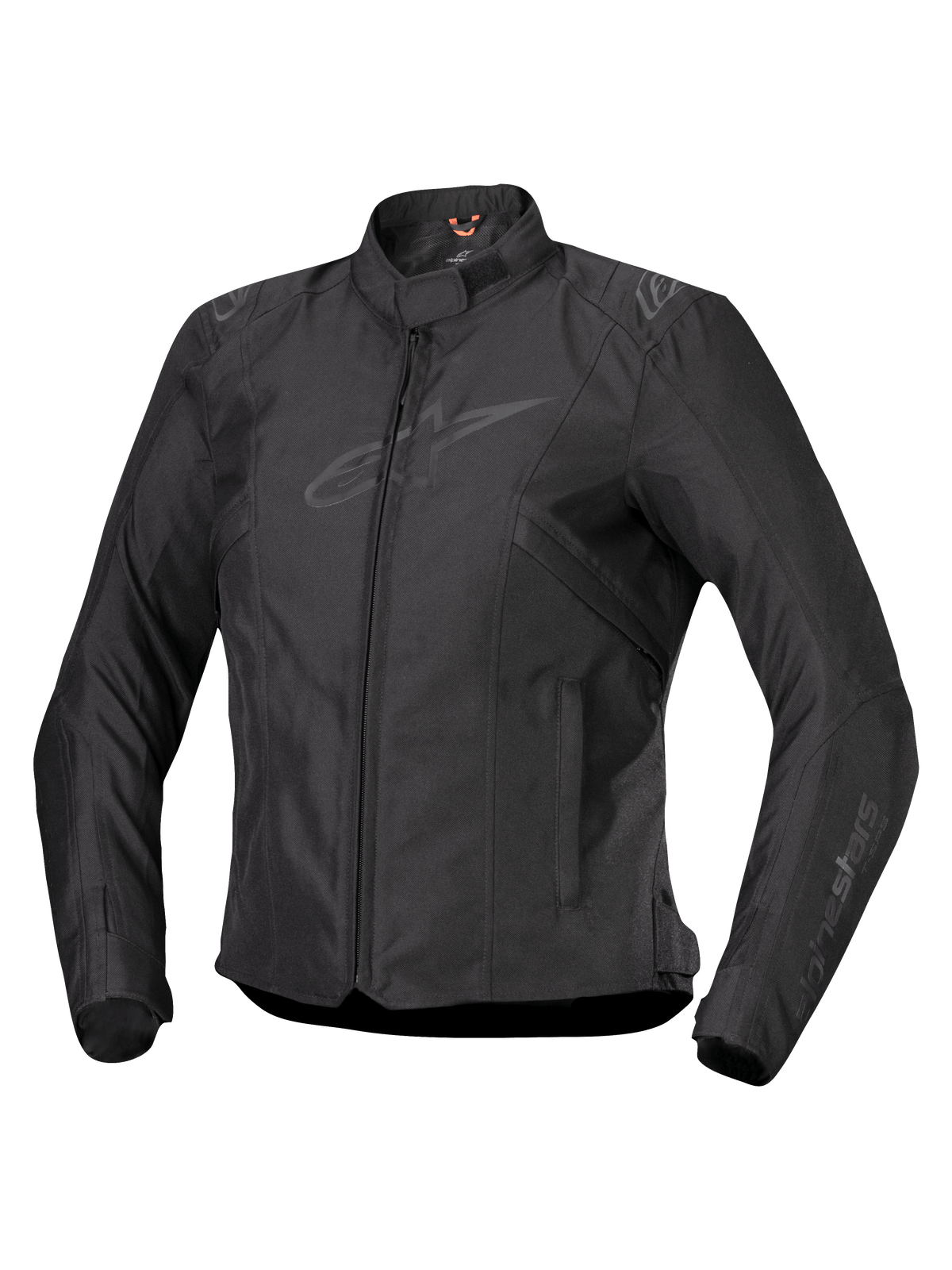 Giacca Alpinestars Stella T-SPS V2 Waterproof, giacca da moto da donna, nera, chiusura frontale con zip, colletto a profilo basso, loghi discreti su petto e maniche, tessuto tecnico resistente con silhouette sportiva aderente, abbigliamento tecnico professionale