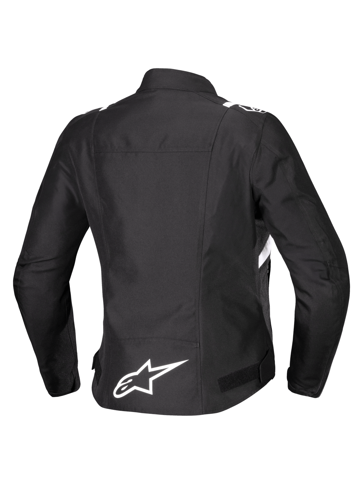 Alpinestars Giacca Stella T-SPS V2 Waterproof, vista posteriore, giacca da moto in tessuto da donna, nera con dettagli bianchi, caratterizzata dal logo a stella Alpinestars bianco sulla parte inferiore della schiena e silhouette sportiva di derivazione racing