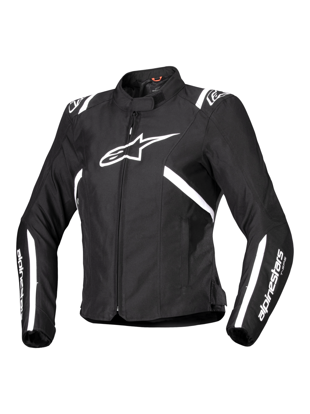 Alpinestars Stella T-SPS V2 Waterproof Jacket, giacca da moto da donna, nero e bianco, con un grande logo a stella bianco sul petto, strisce bianche su spalle e maniche, silhouette snella ispirata alle corse, collo alto e tessuto tecnico resistente