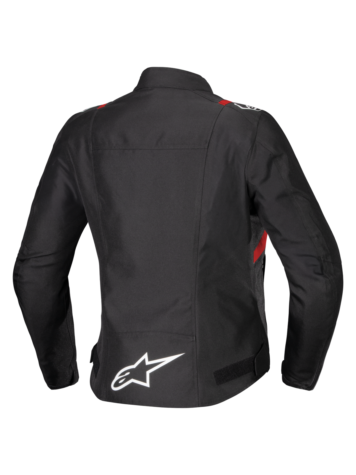 Giacca Alpinestars Stella T-SPS V2 Waterproof, vista posteriore, nero con dettagli rossi e bianchi, giacca da moto in tessuto da donna caratterizzata da un grande logo Alpinestars bianco sulla parte inferiore della schiena e una silhouette sportiva