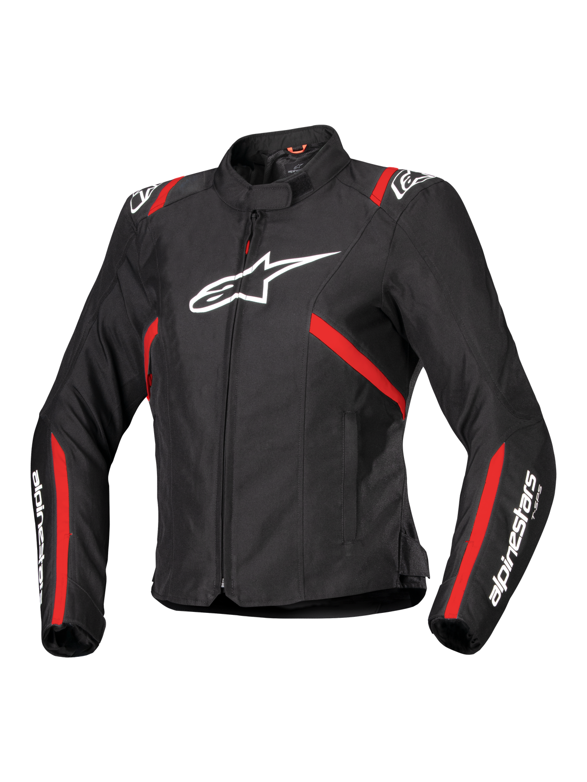 Giacca Alpinestars Stella T-SPS V2 Waterproof, giacca moto sportiva da donna, nera con strisce rosse e loghi bianchi, design aderente d'ispirazione racing, con colletto alto e cerniera frontale