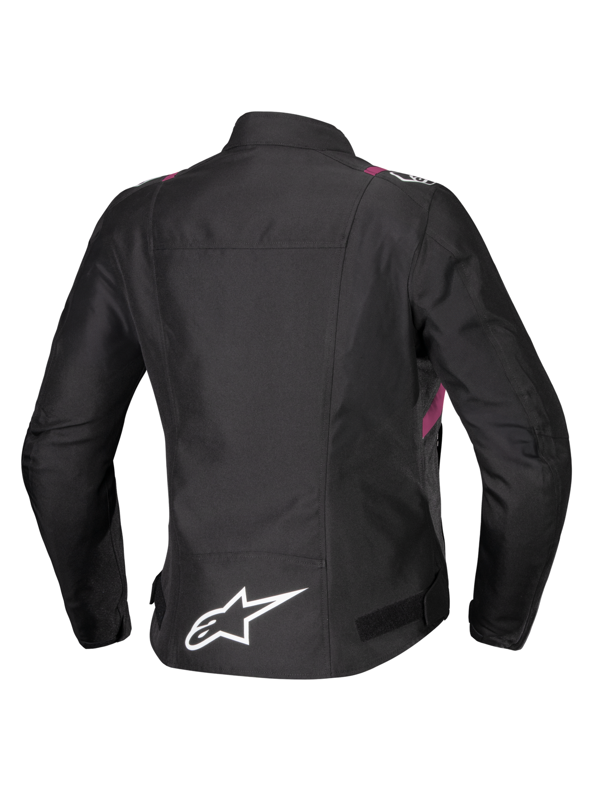 Alpinestars Stella T-SPS V2 Waterproof Jacket, giacca da moto da donna, nero con accenti bianchi e Diva Pink, vista posteriore con logo a stella bianco sulla parte bassa della schiena, silhouette d'ispirazione sportiva con finitura in tessuto resistente