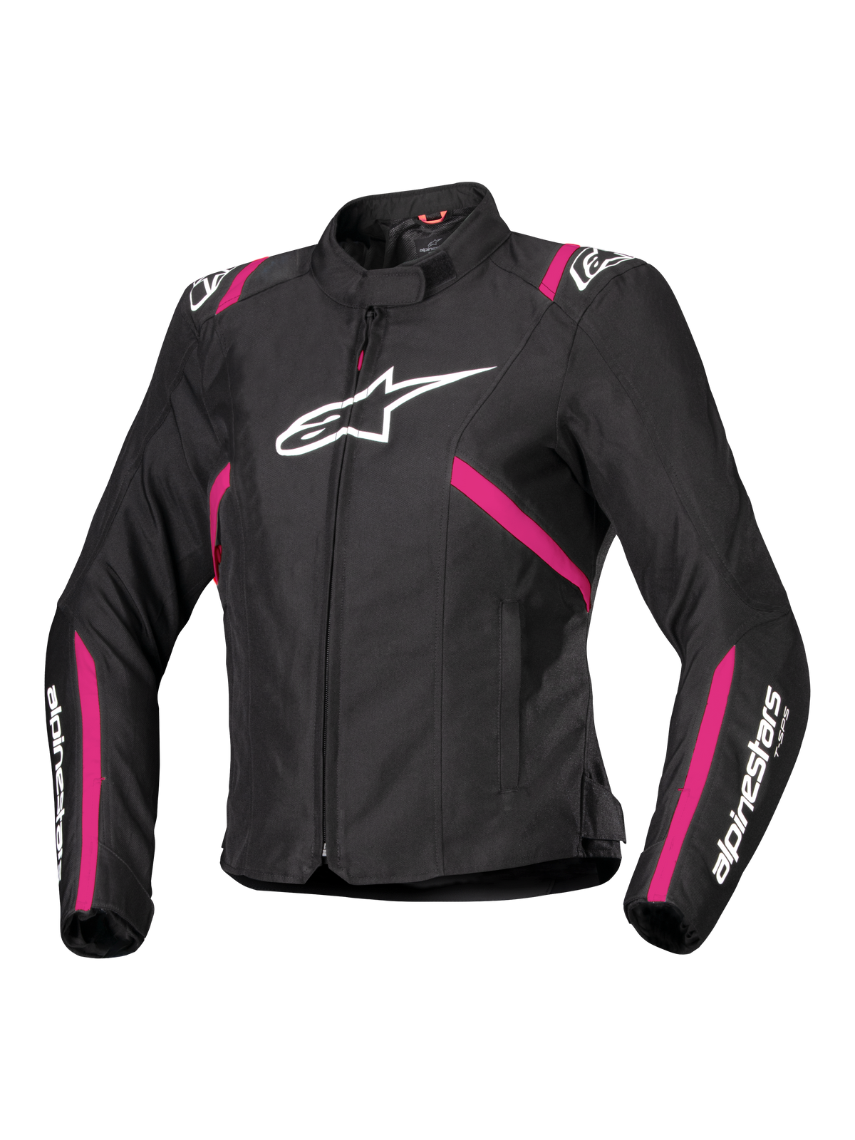 Alpinestars Stella T-SPS V2 Waterproof Jacket, giacca da moto in tessuto da donna, nero con accenti Diva Pink e bianco, grande logo Alpinestars bianco sul petto, strisce rosa su busto e maniche, scritte bianche sugli avambracci, design sportivo e aderente per ogni condizione climatica