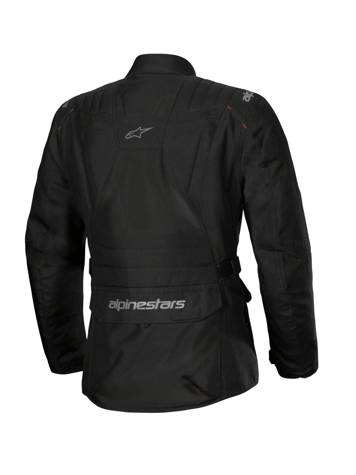 Alpinestars Stella ST-1 Waterproof Jacket, giacca da moto da donna, nero, vista posteriore con un'ampia tasca cargo inferiore con logo, design adventure touring con branding discreto sulla parte superiore della schiena, robusta costruzione in tessuto impermeabile.