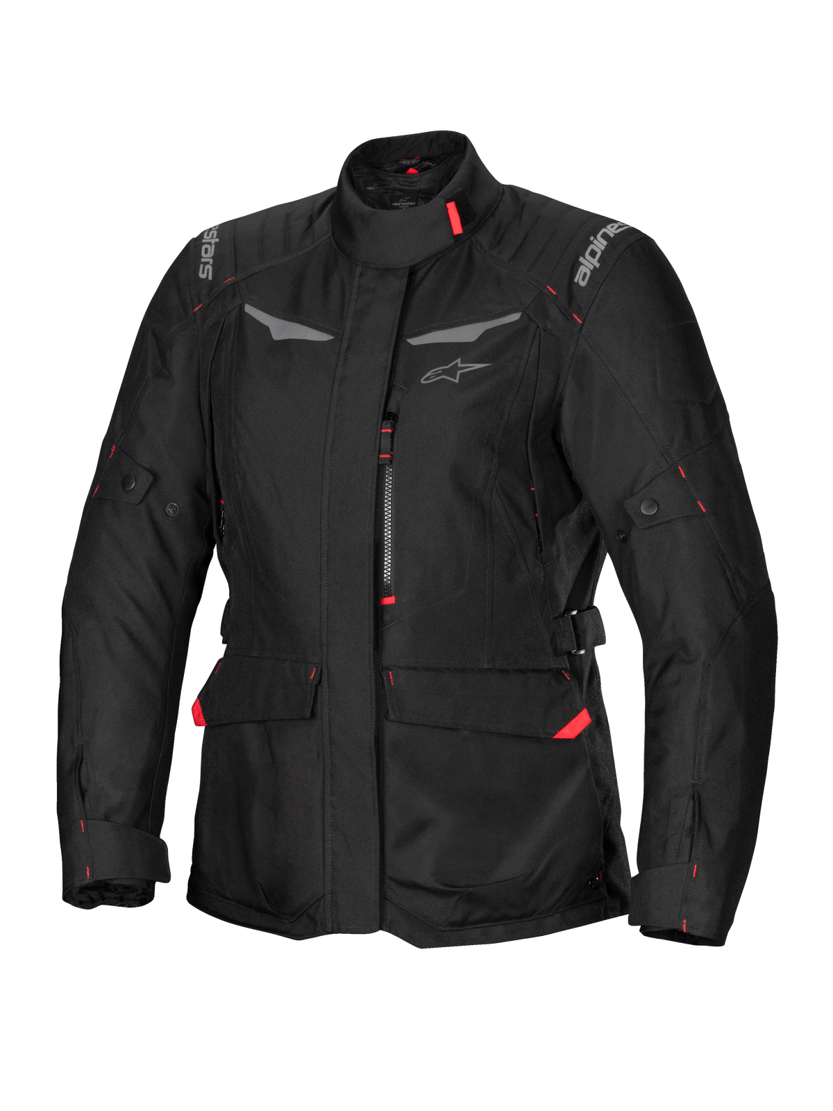 Alpinestars Stella ST-1 Waterproof Jacket, giacca da moto touring da donna, nera con dettagli rossi, collo alto, cerniera frontale, grandi tasche cargo in vita, cinturini regolabili su vita e polsini, costruzione resistente alle intemperie