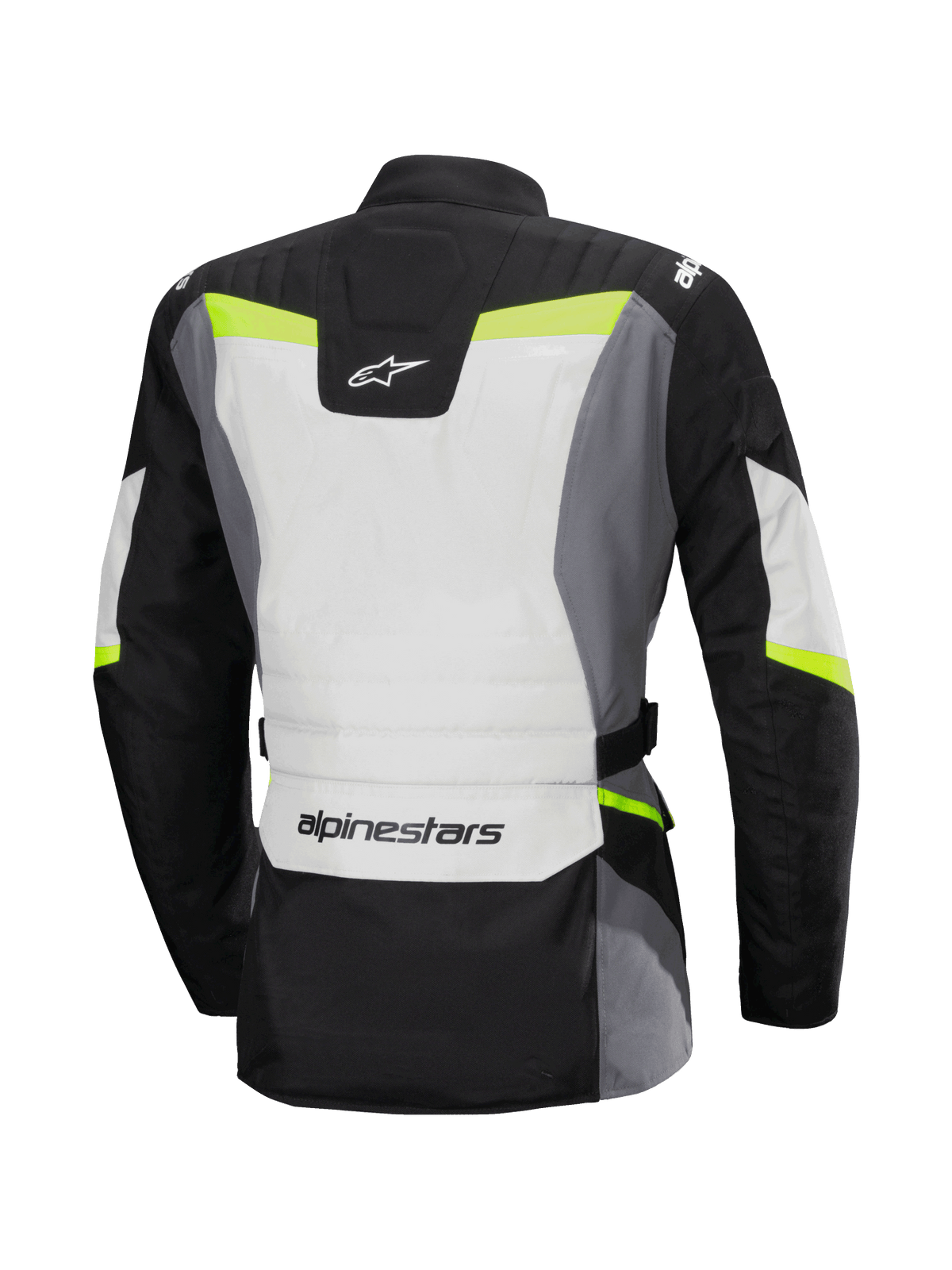 Alpinestars Stella ST-1 Waterproof Jacket, vista posteriore, giacca da moto touring da donna, grigio ghiaccio, nero e giallo fluo, loghi Alpinestars su collo e parte bassa della schiena, design adventure touring con costruzione in tessuto e dettagli fluorescenti