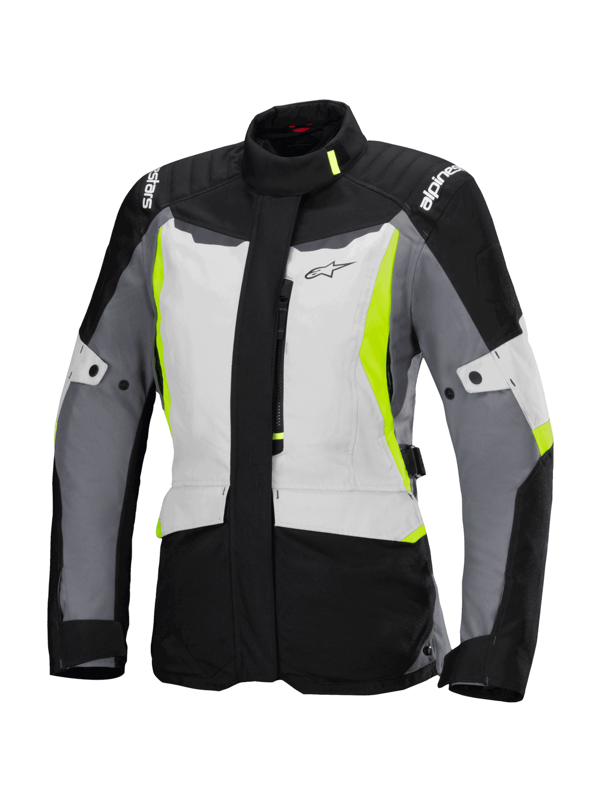 Alpinestars Stella ST-1 Waterproof Jacket, giacca da moto touring da donna, grigio ghiaccio, nero e giallo fluorescente, con colletto alto, cerniera frontale, spalle rinforzate con marchio e cinghie di regolazione in vita, design ispirato all'adventure touring