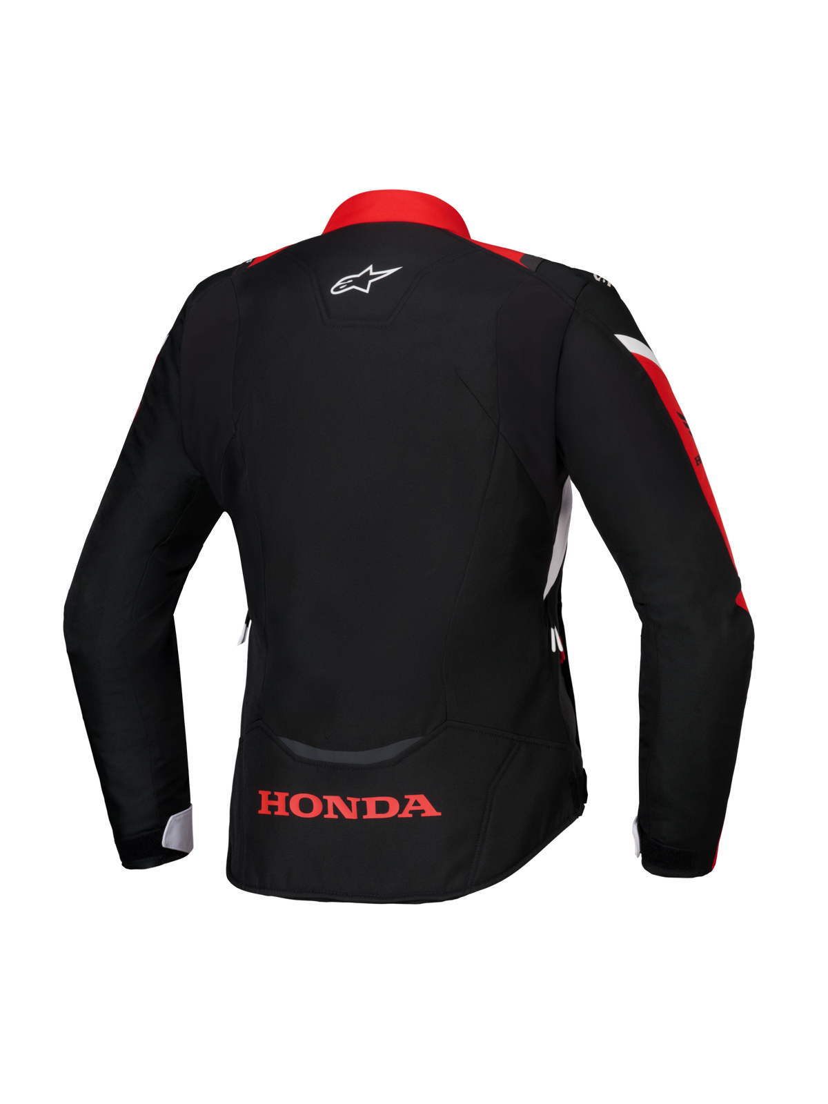 Giacca Alpinestars Honda Stella T-Jaws V4 WP, vista posteriore, nero con dettagli rosso brillante e bianco, logo Honda rosso sulla parte bassa della schiena e logo Alpinestars bianco sul collo, giacca da moto impermeabile da donna con vestibilità sportiva