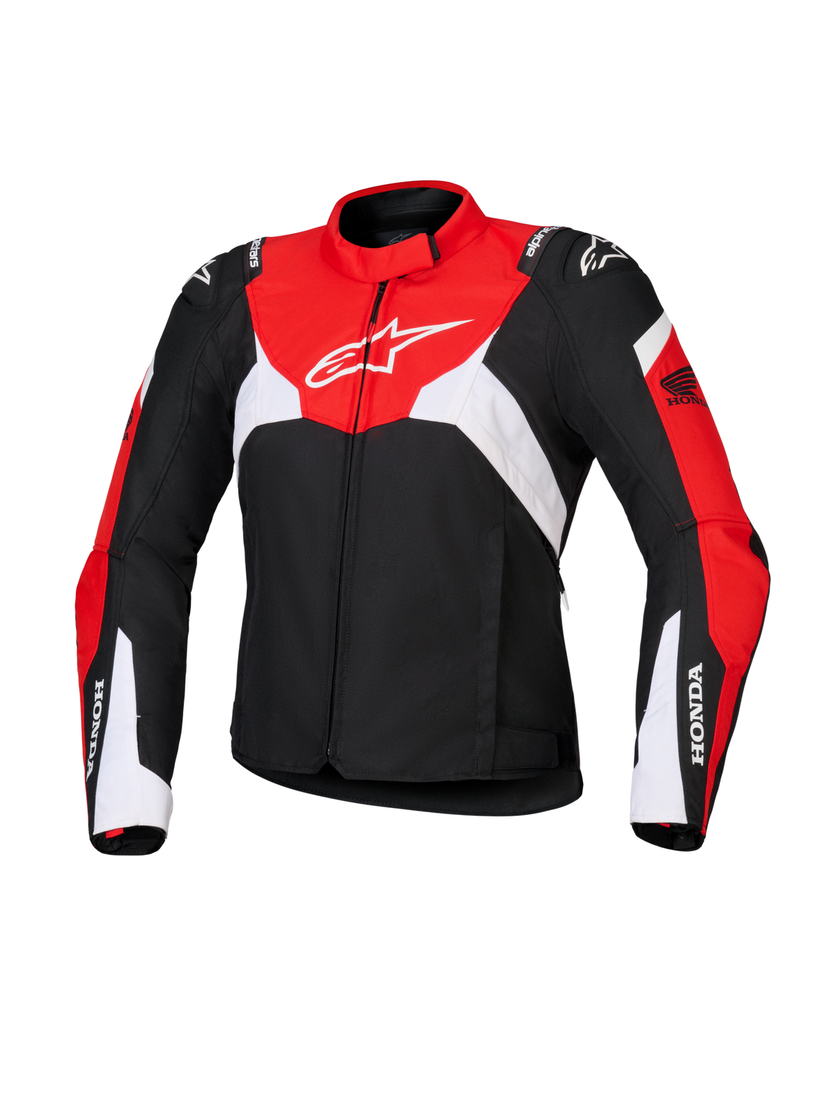 Giacca Alpinestars Honda Stella T-Jaws V4 WP da donna, giacca da moto sportiva impermeabile, nera con pannelli rosso acceso e bianchi, con loghi Honda sulle maniche e logo Alpinestars bianco sul petto, costruzione in tessuto tecnico dalla silhouette sportiva