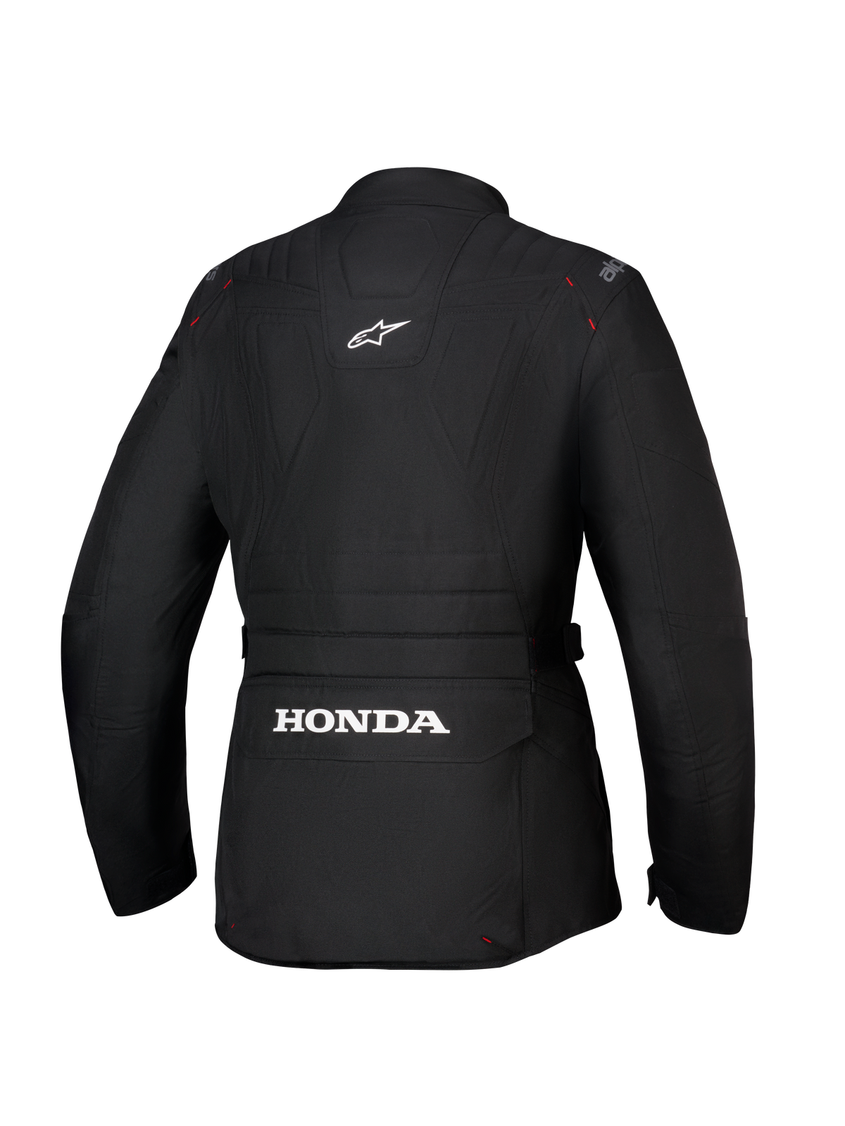 Alpinestars Honda Stella ST-1 WP Jacket, giacca da moto impermeabile da donna, nero, vista posteriore con grande logo Honda bianco sulla tasca cargo posteriore inferiore, logo Alpinestars sulla parte superiore della schiena, costruzione in tessuto tecnico con silhouette adventure touring e dettagli di cuciture rosse