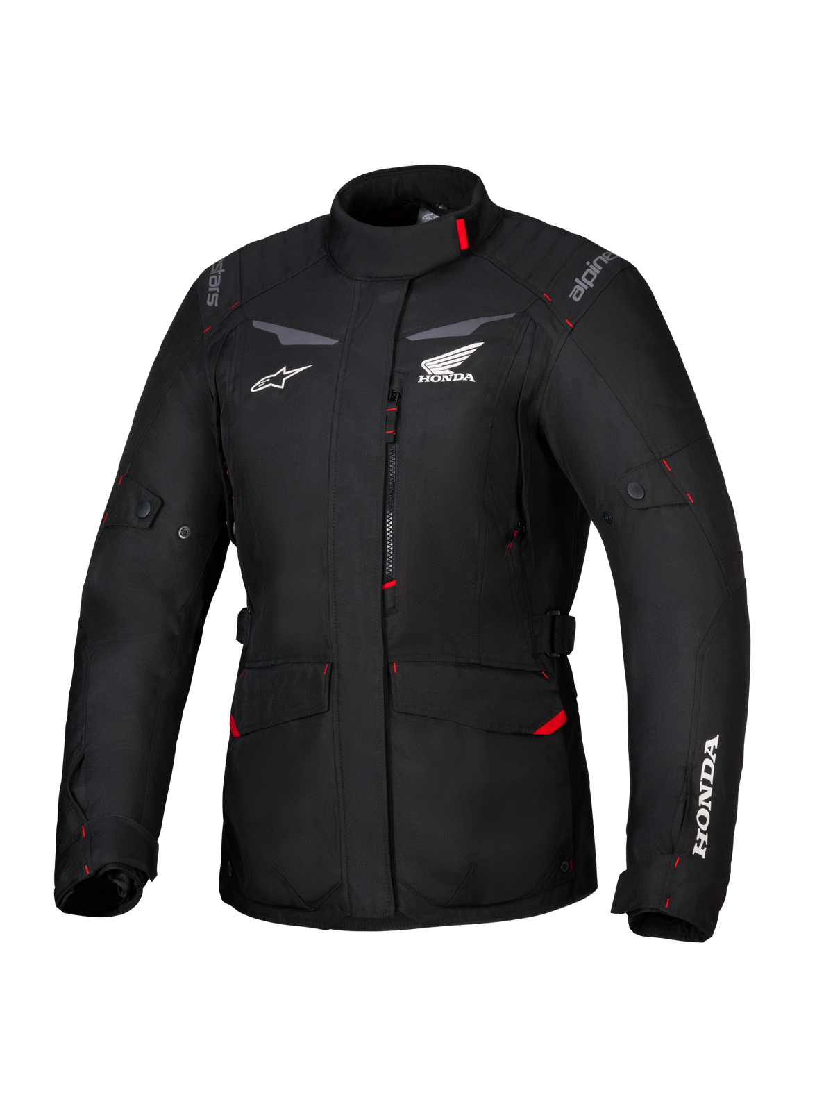 Giacca Honda Stella ST-1 WP, giacca da touring impermeabile da donna, nera con dettagli rossi e loghi Honda bianchi, colletto alto, cerniera frontale, tasche cargo espandibili, equipaggiamento adventure in tessuto resistente