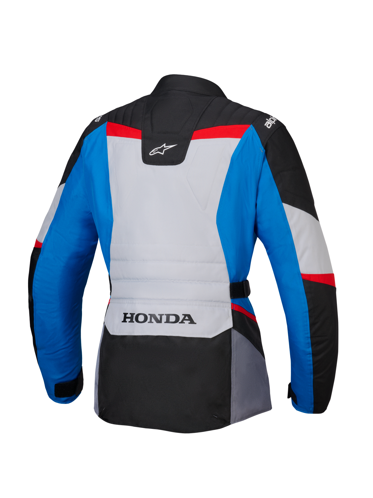 Alpinestars Honda Woman Stella ST-1 WP Jacket, vista posteriore, giacca da moto adventure touring in blu, grigio ghiaccio e nero con accenti rossi, con marchio HONDA sulla parte bassa della schiena e loghi Alpinestars sulle spalle e sulla parte superiore della schiena.