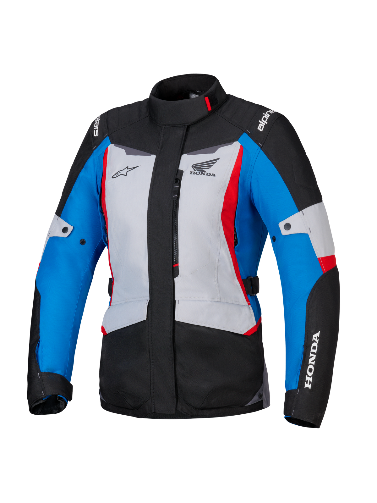 Giacca Alpinestars Honda Stella ST-1 WP da donna, giacca da moto impermeabile, grigio ghiaccio, blu e nero con accenti rossi, collo alto e cerniera frontale, loghi Honda e Alpinestars su petto e maniche, resistente giacca in tessuto da adventure touring