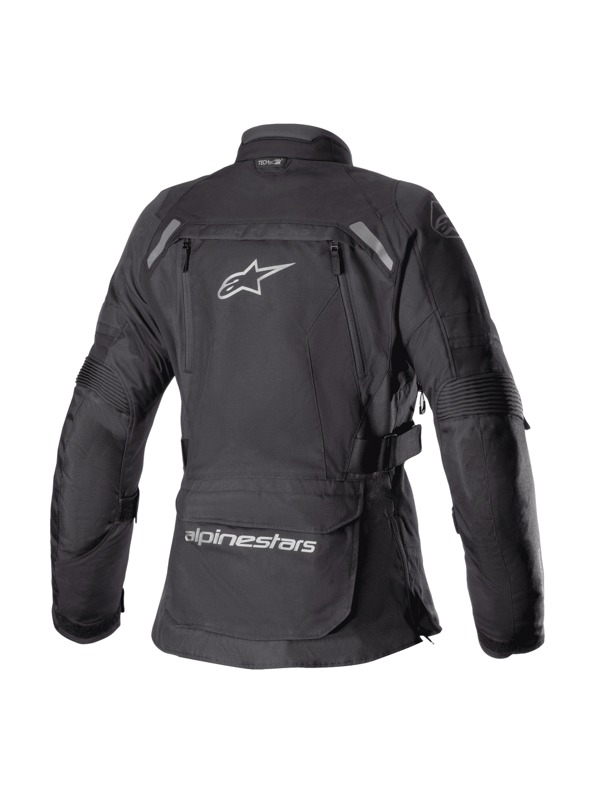 Alpinestars Stella Bogota' Pro Drystar® Jacket da donna, nero, vista posteriore di giacca tecnica adventure touring con un grande logo Astar bianco, tasca portaoggetti sulla parte bassa della schiena con marchio e inserti riflettenti sulle spalle