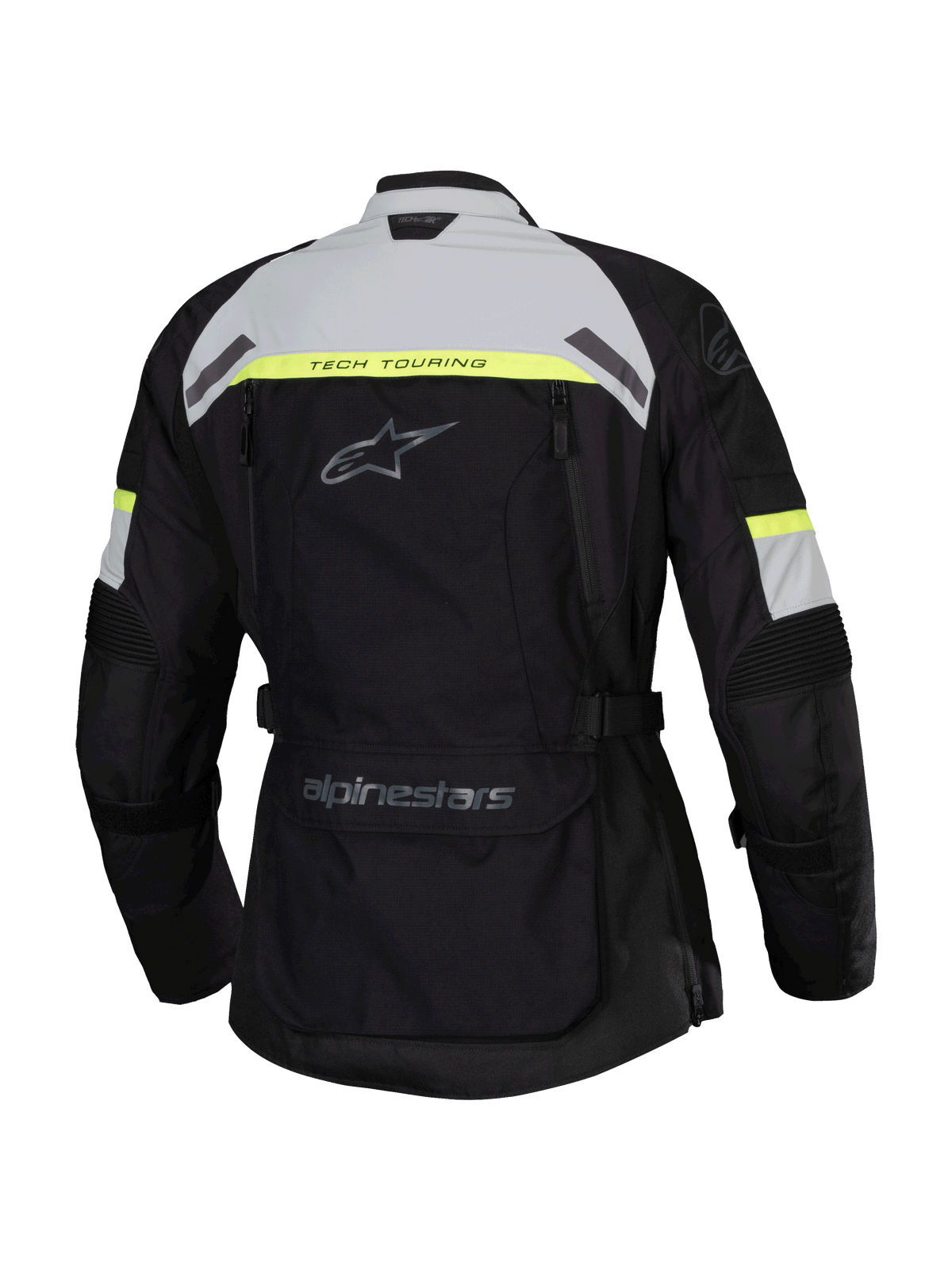 Alpinestars Stella Bogota' Pro Drystar® Jacket, vista posteriore, nero con dettagli grigio ghiaccio e giallo fluo, giacca da moto adventure touring da donna con marchio Tech Touring e ampia tasca posteriore portaoggetti